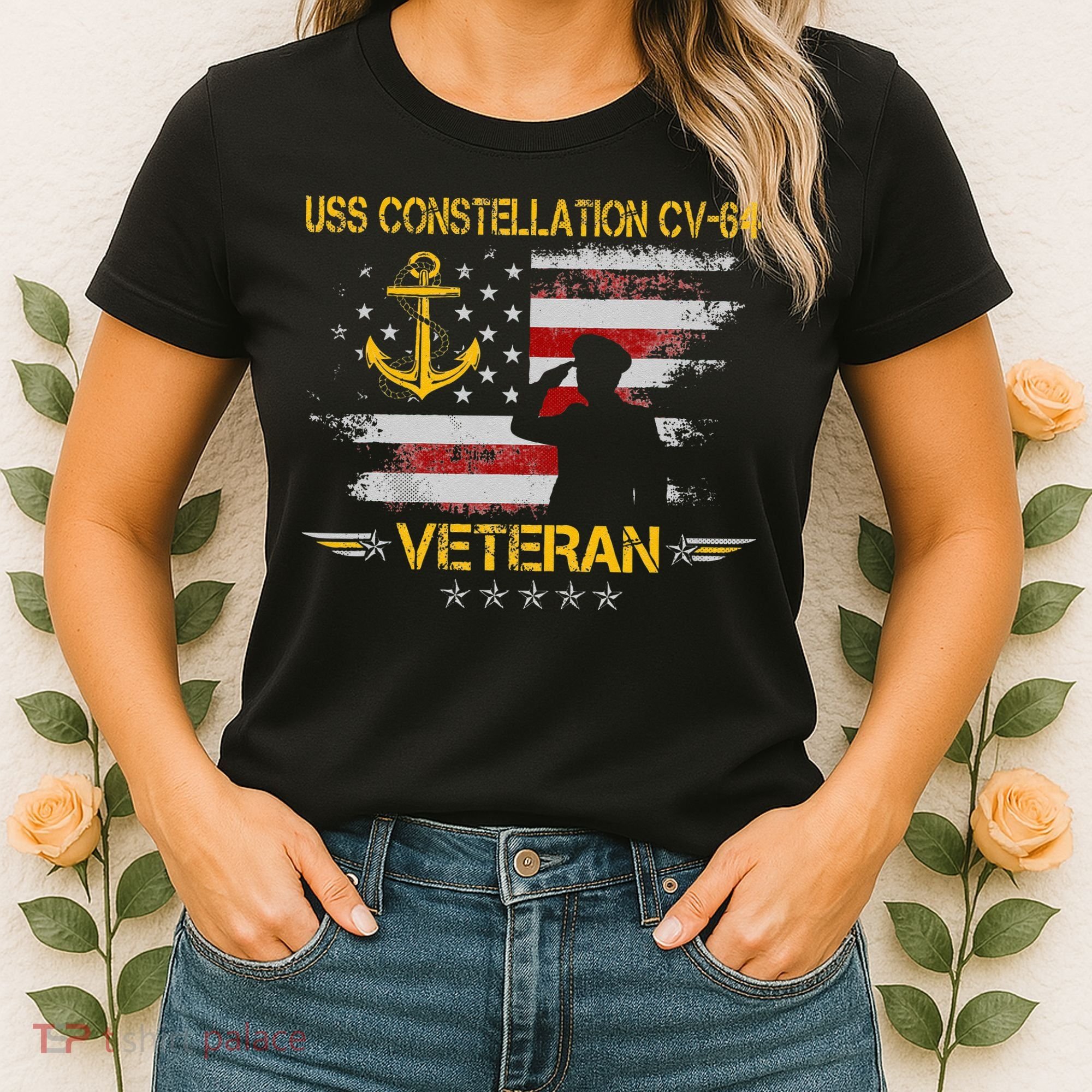 USS Constellation CV 64 Aircraft Carrier Veteran Flag Retro Women's T-Shirt