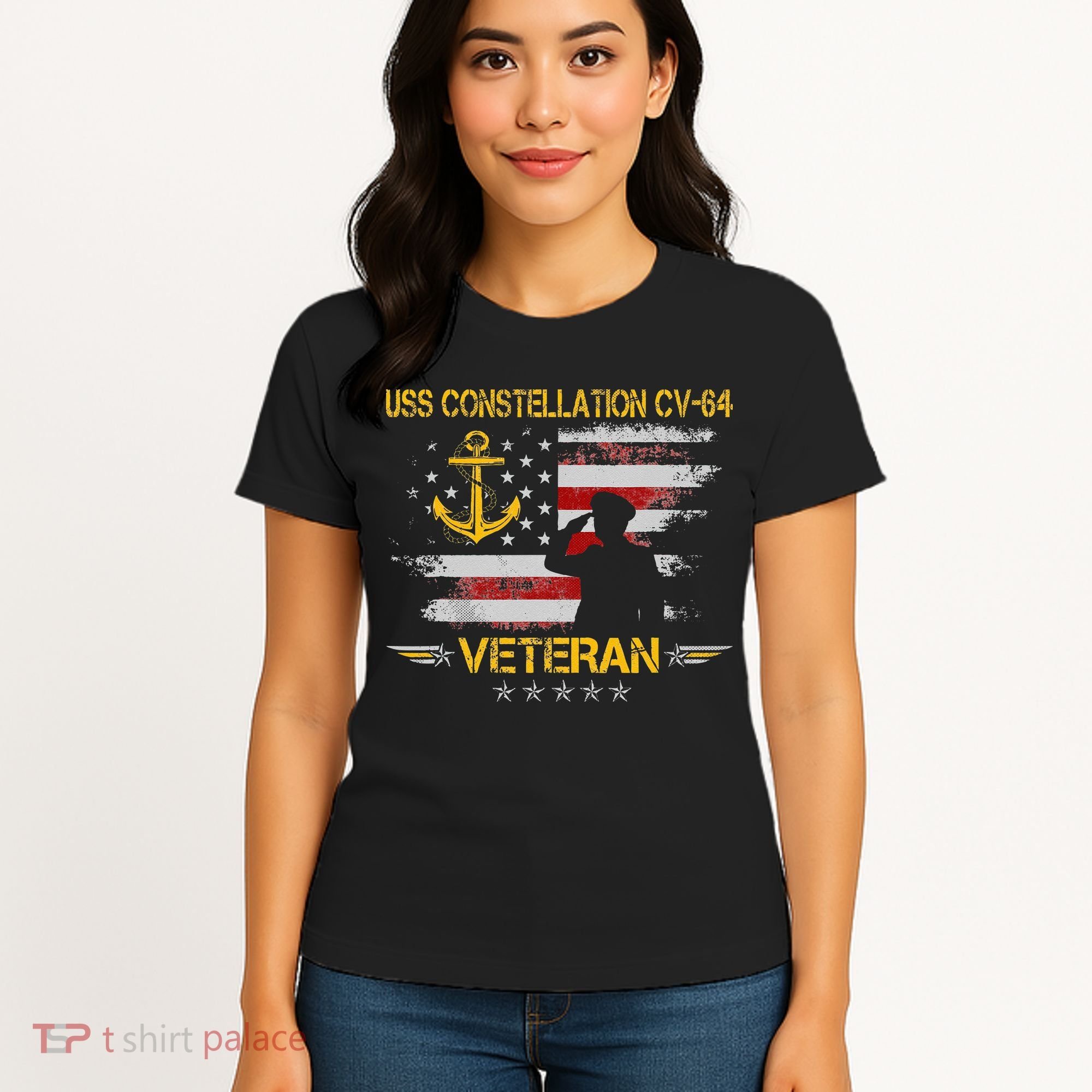 USS Constellation CV 64 Aircraft Carrier Veteran Flag Retro Women's T-Shirt