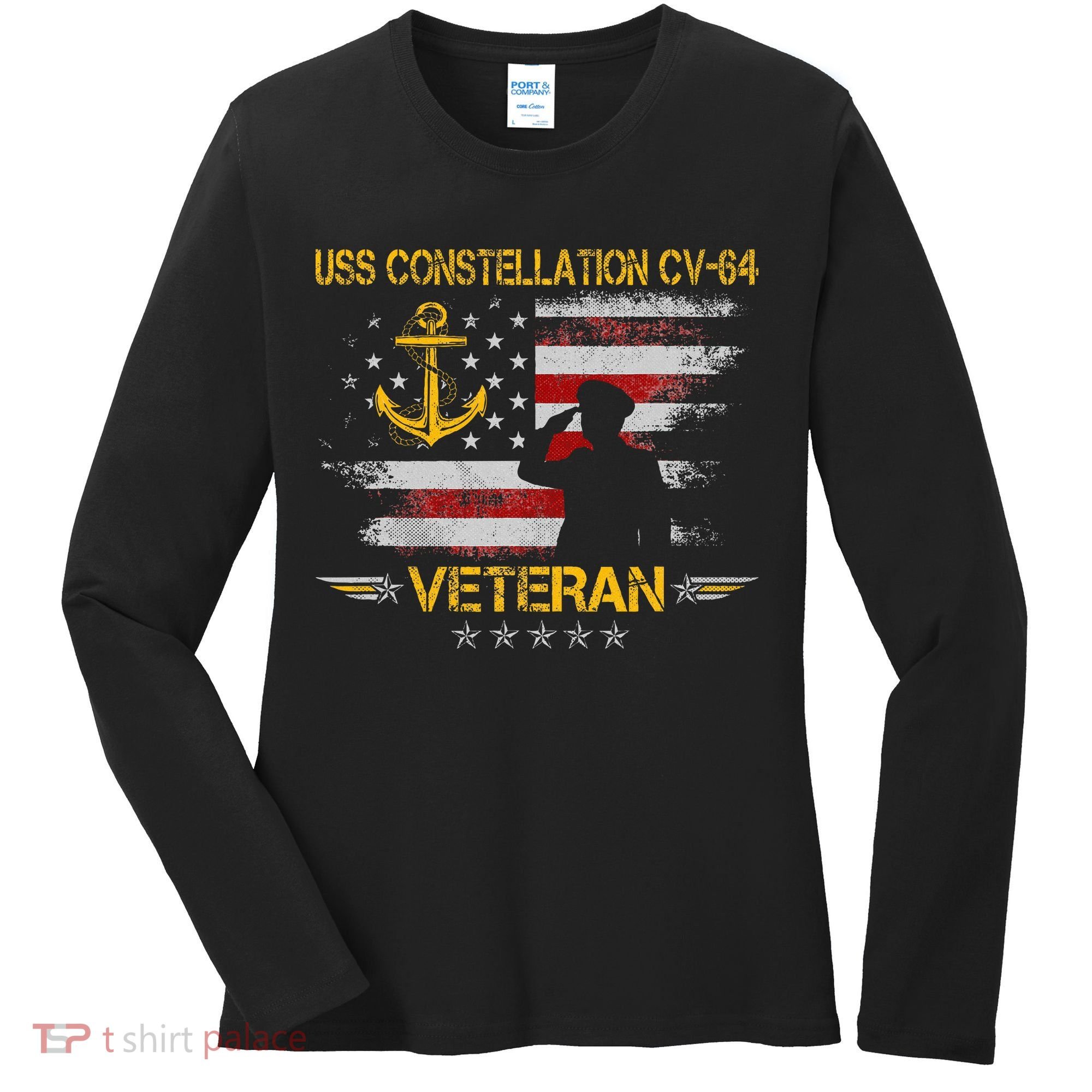 Uss Constellation Cv64 Aircraft Carrier Veteran Flag Retro Women's Long Sleeve Shirt