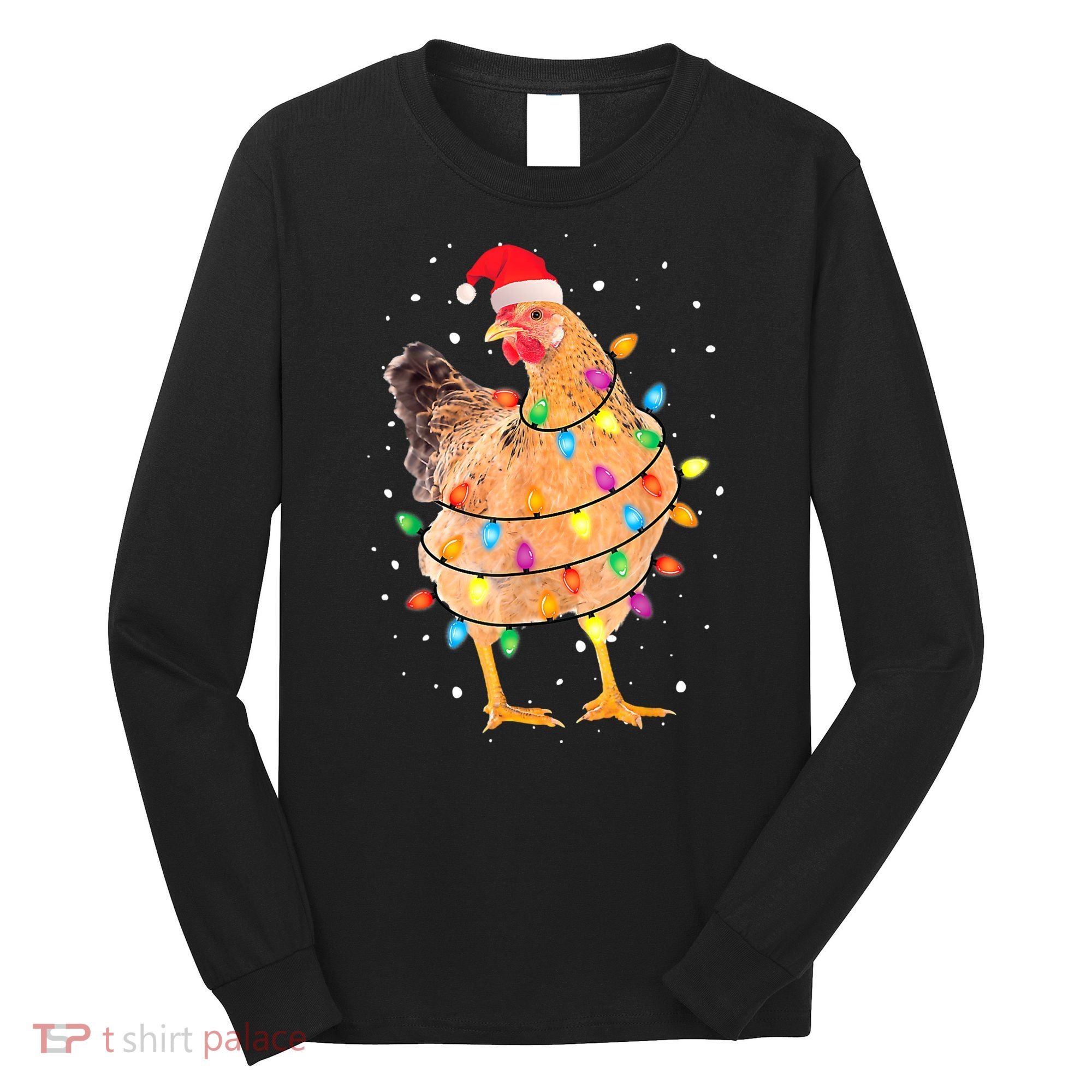 Ugly Christmas Chicken Santa Hat Lights Sweater Xmas Long Sleeve Shirt