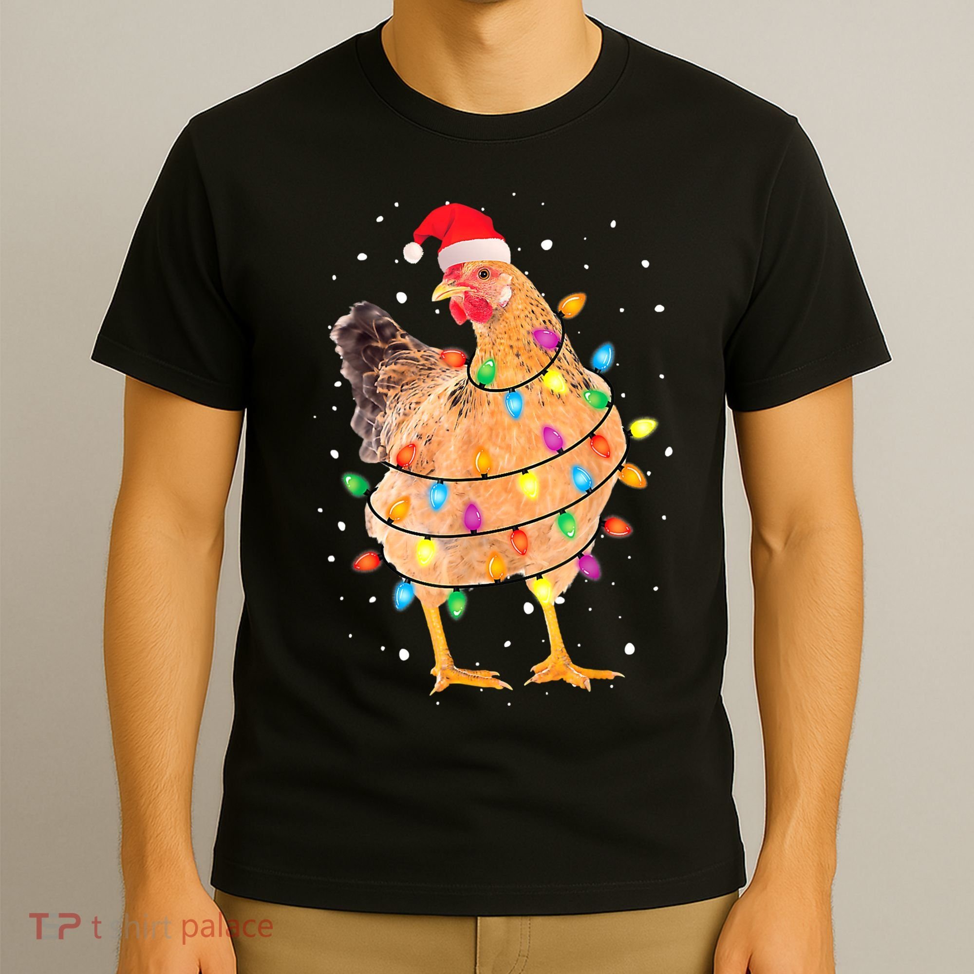 Ugly Christmas Chicken Santa Hat Lights Sweater Xmas T-Shirt