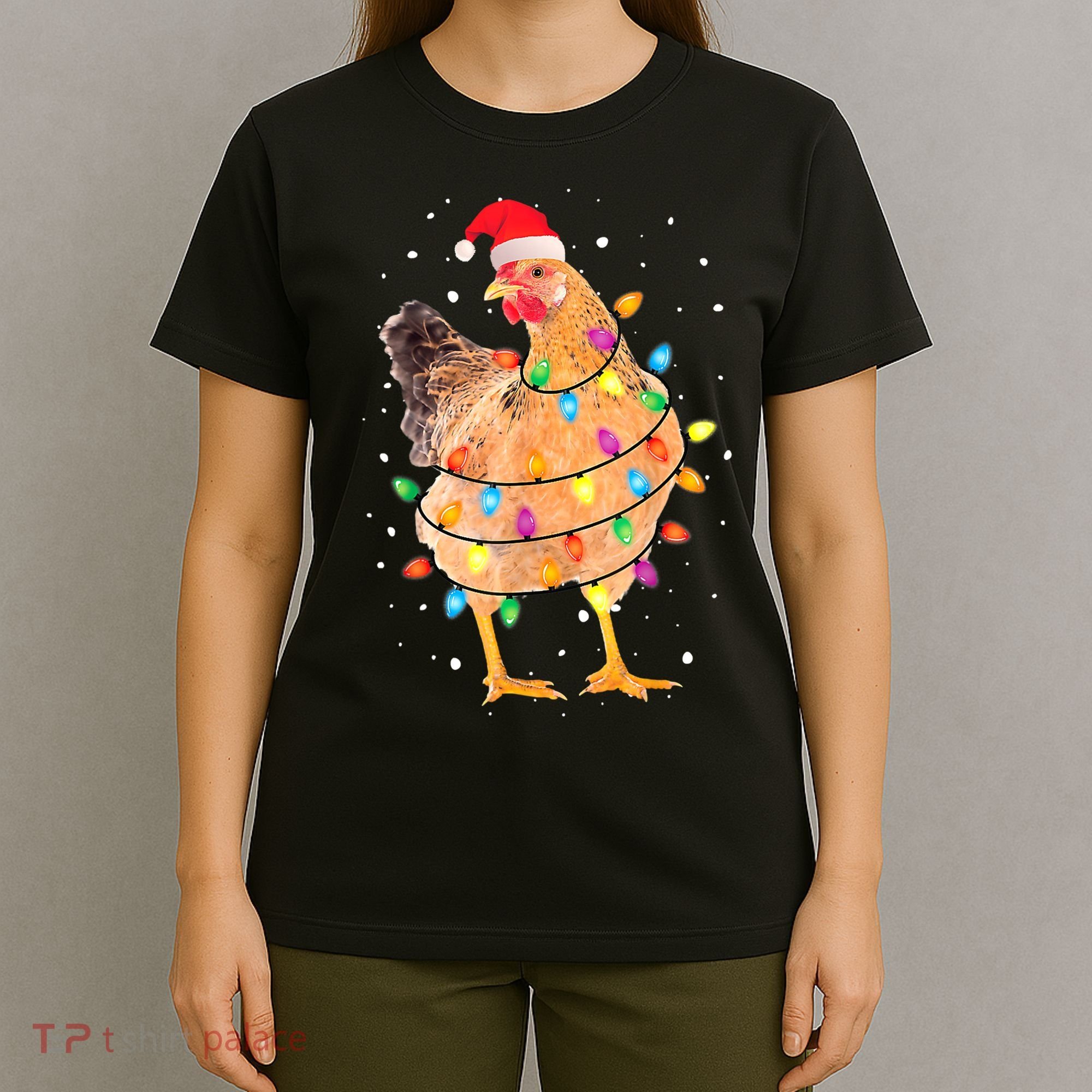 Ugly Christmas Chicken Santa Hat Lights Sweater Xmas T-Shirt