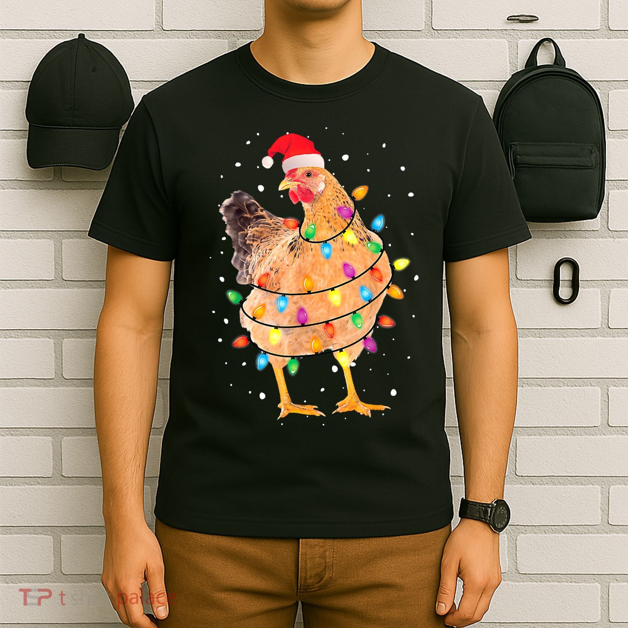 Ugly Christmas Chicken Santa Hat Lights Sweater Xmas T-Shirt
