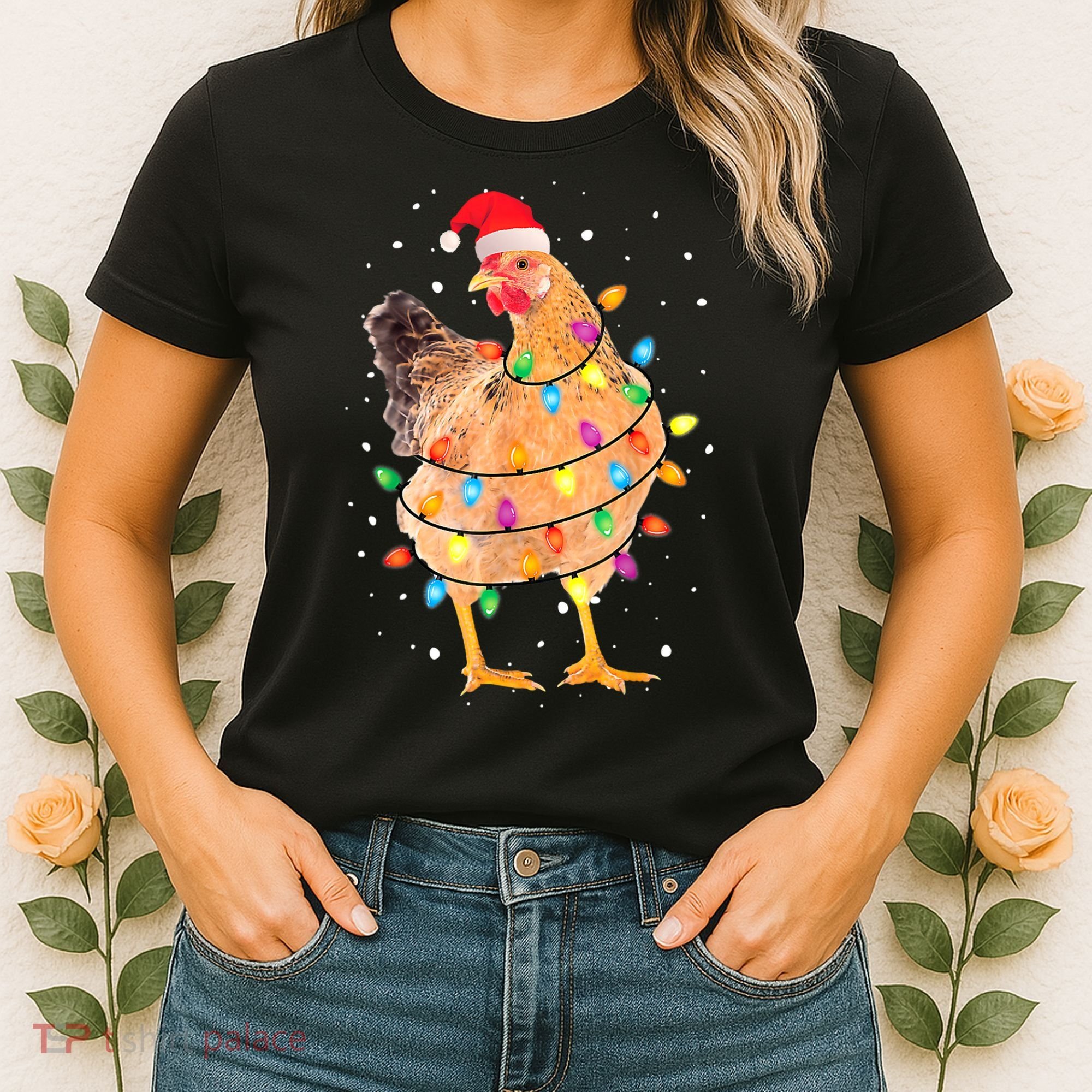 Ugly Christmas Chicken Santa Hat Lights Sweater Xmas Women's T-Shirt