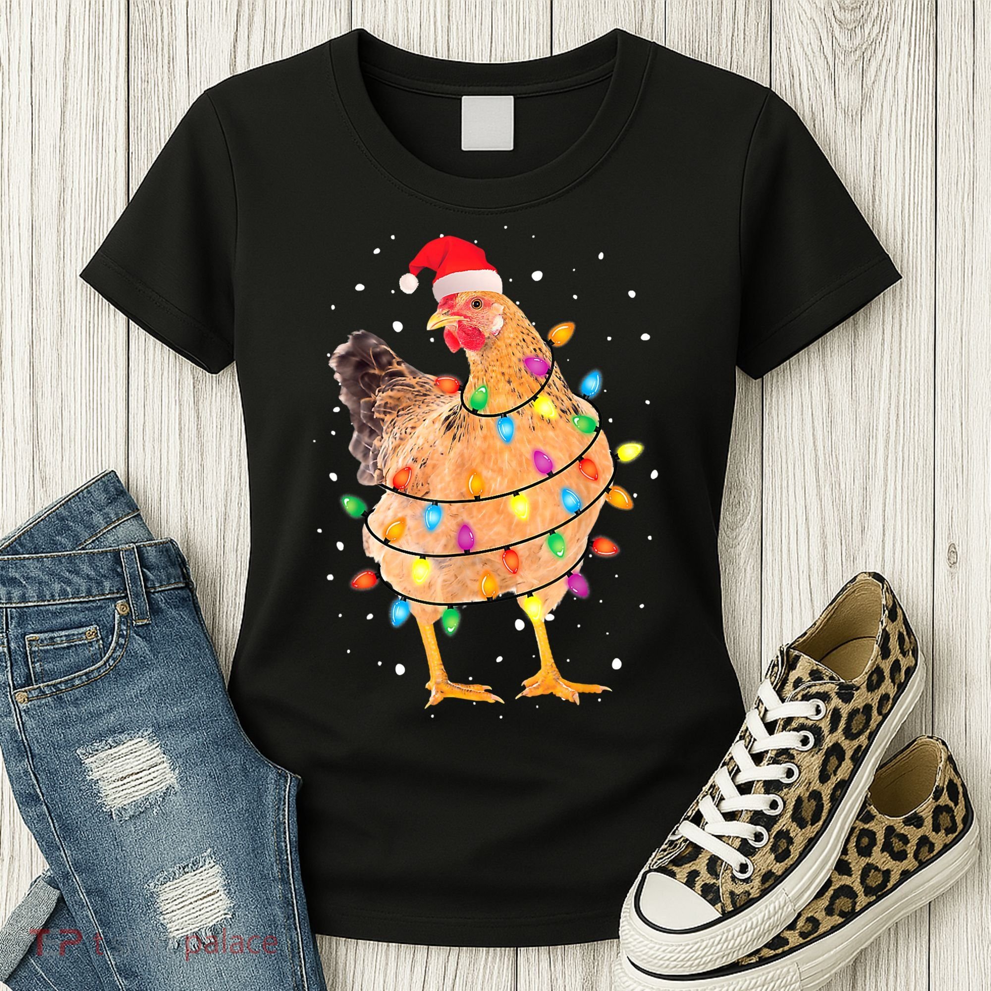 Ugly Christmas Chicken Santa Hat Lights Sweater Xmas Women's T-Shirt