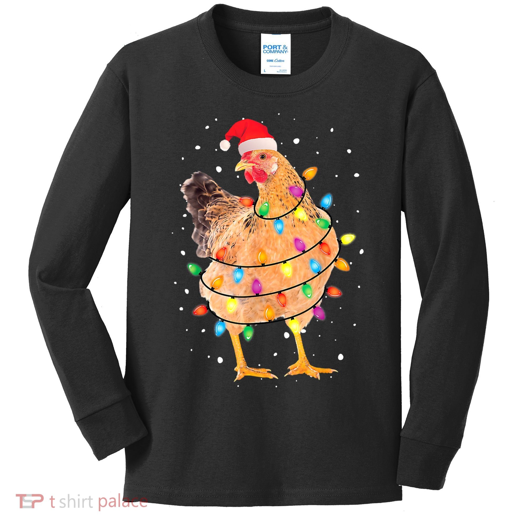 Ugly Christmas Chicken Santa Hat Lights Sweater Xmas Kids Long Sleeve Shirt