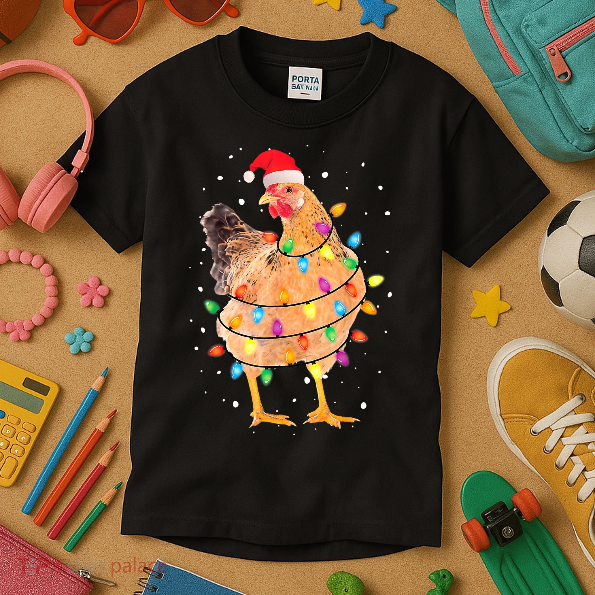 Ugly Christmas Chicken Santa Hat Lights Sweater Xmas Kids T-Shirt