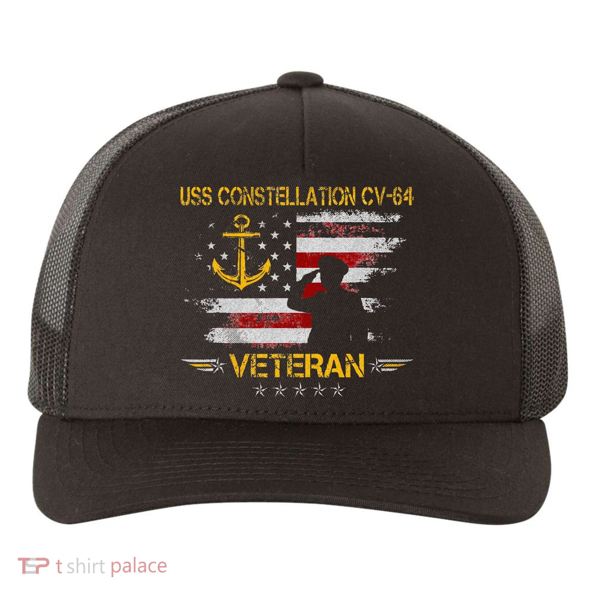USS Constellation CV 64 Aircraft Carrier Veteran Flag Retro Yupoong Adult 5-Panel Trucker Hat