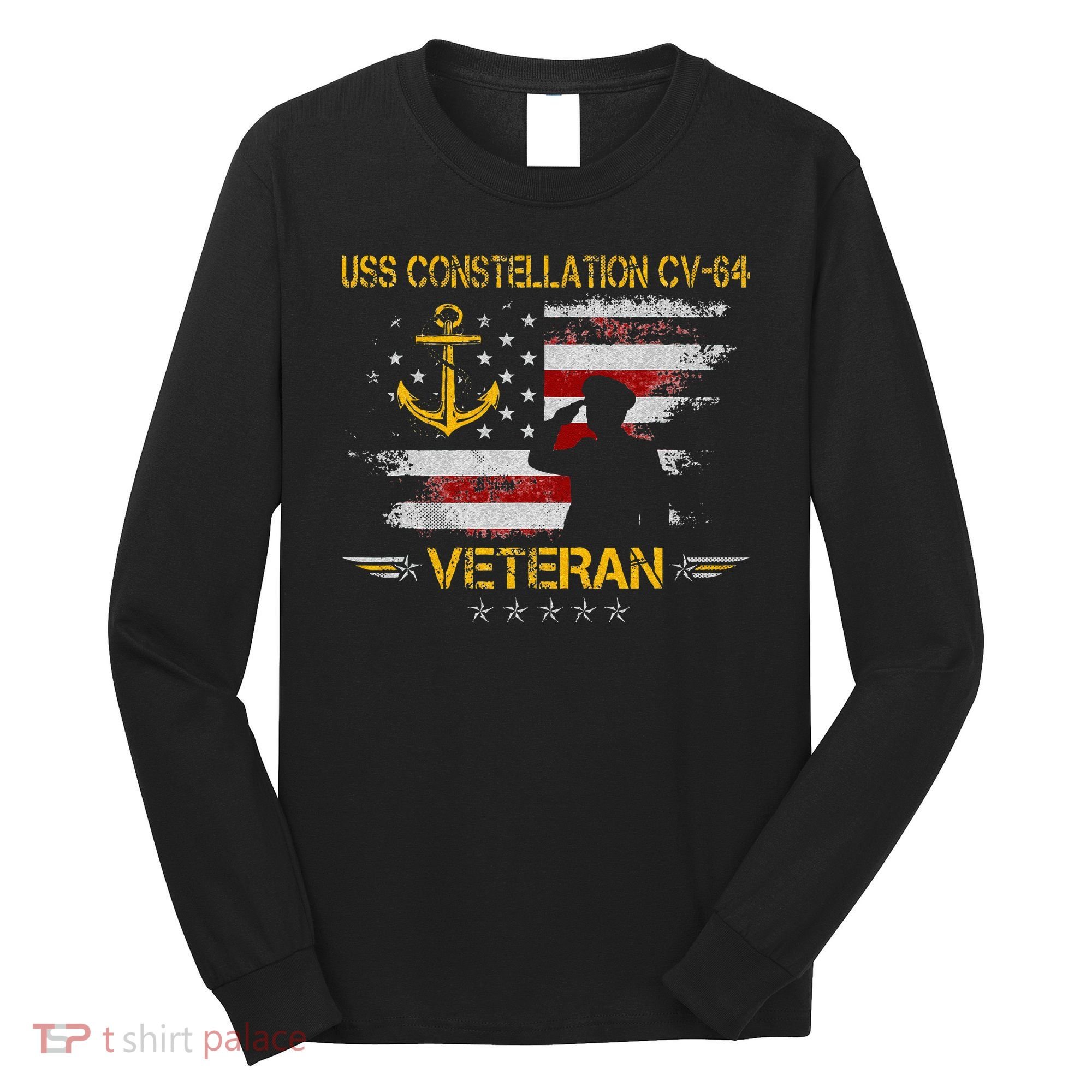 USS Constellation CV 64 Aircraft Carrier Veteran Flag Retro Long Sleeve Shirt