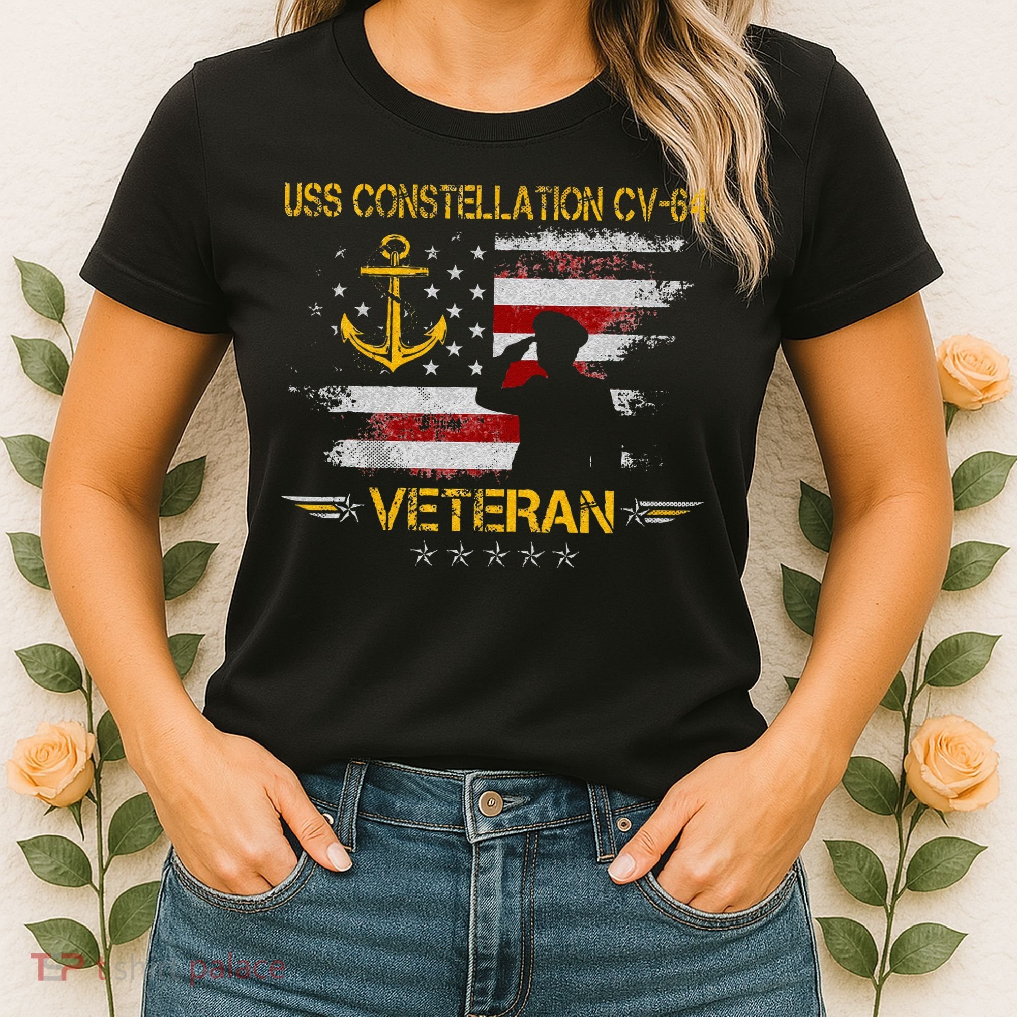 USS Constellation CV 64 Aircraft Carrier Veteran Flag Retro Women's T-Shirt