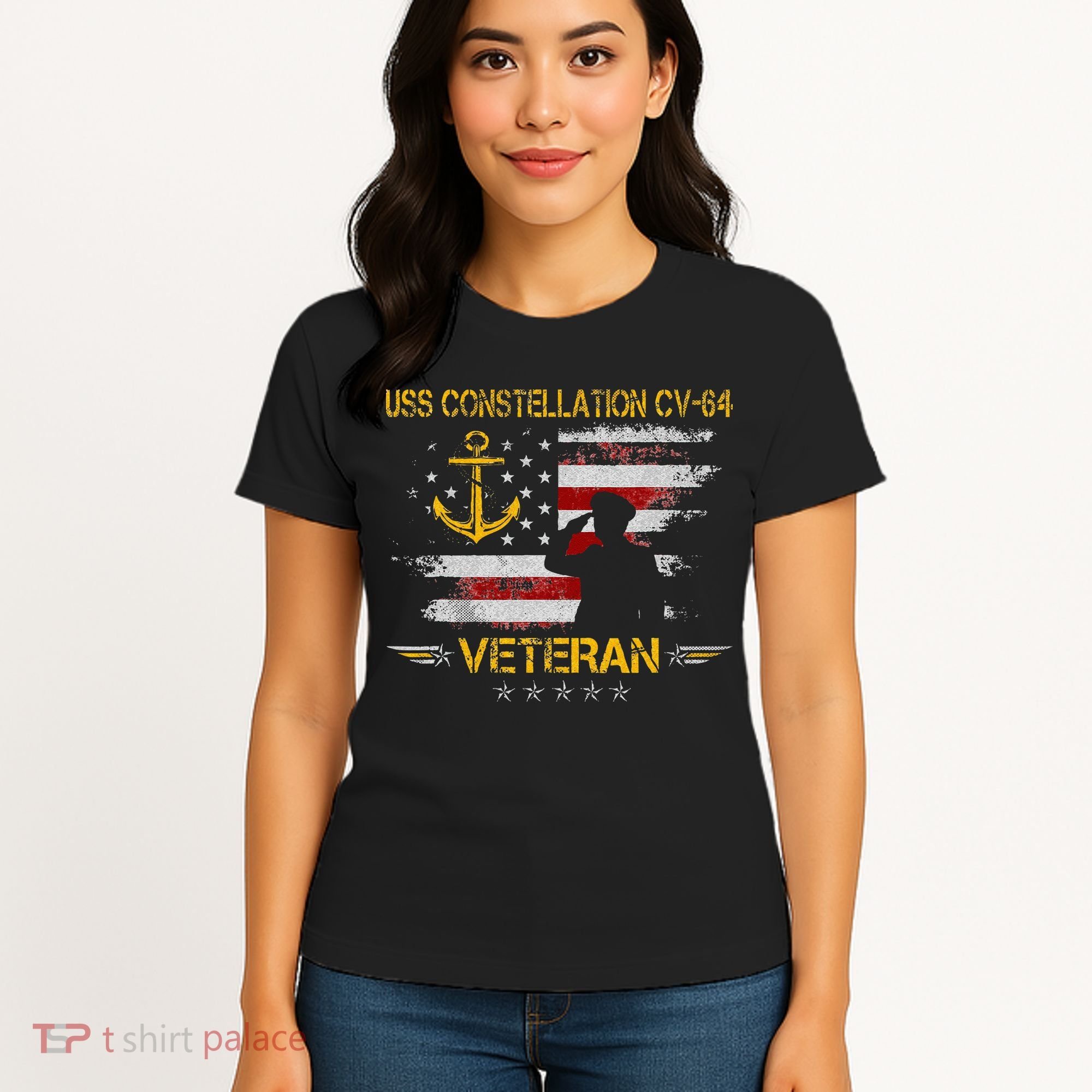 USS Constellation CV 64 Aircraft Carrier Veteran Flag Retro Women's T-Shirt