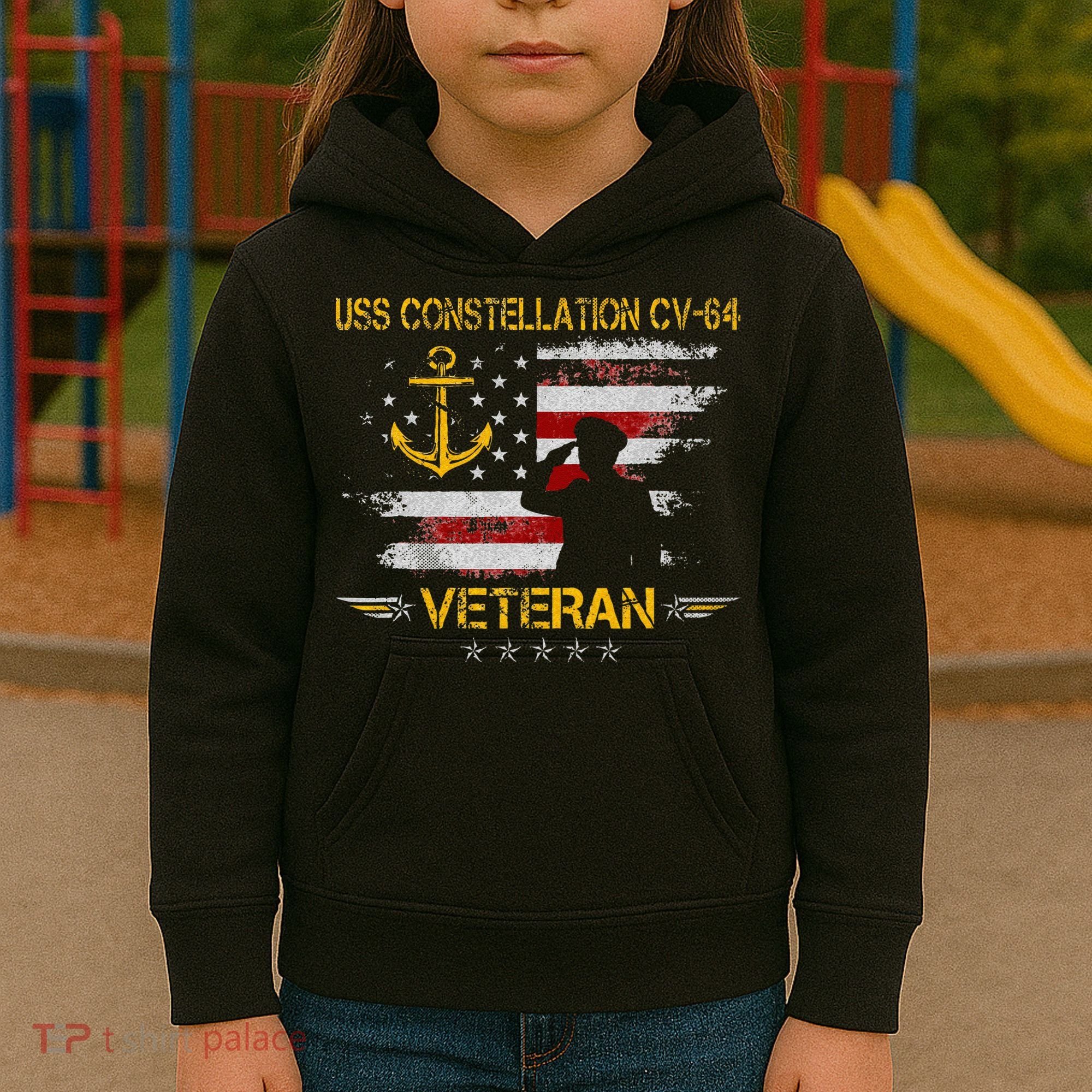 USS Constellation CV 64 Aircraft Carrier Veteran Flag Retro Kids Hoodie