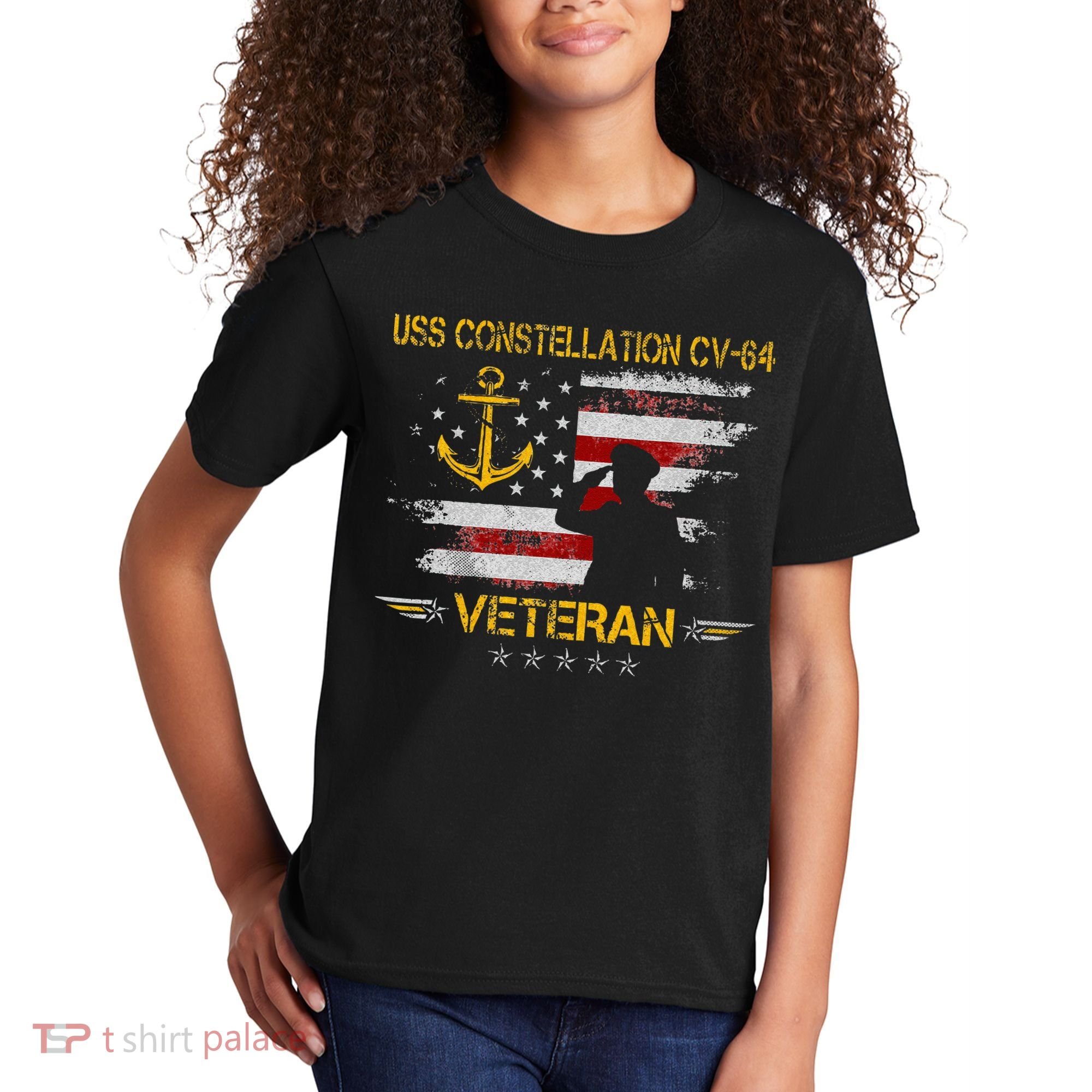 USS Constellation CV 64 Aircraft Carrier Veteran Flag Retro Kids T-Shirt