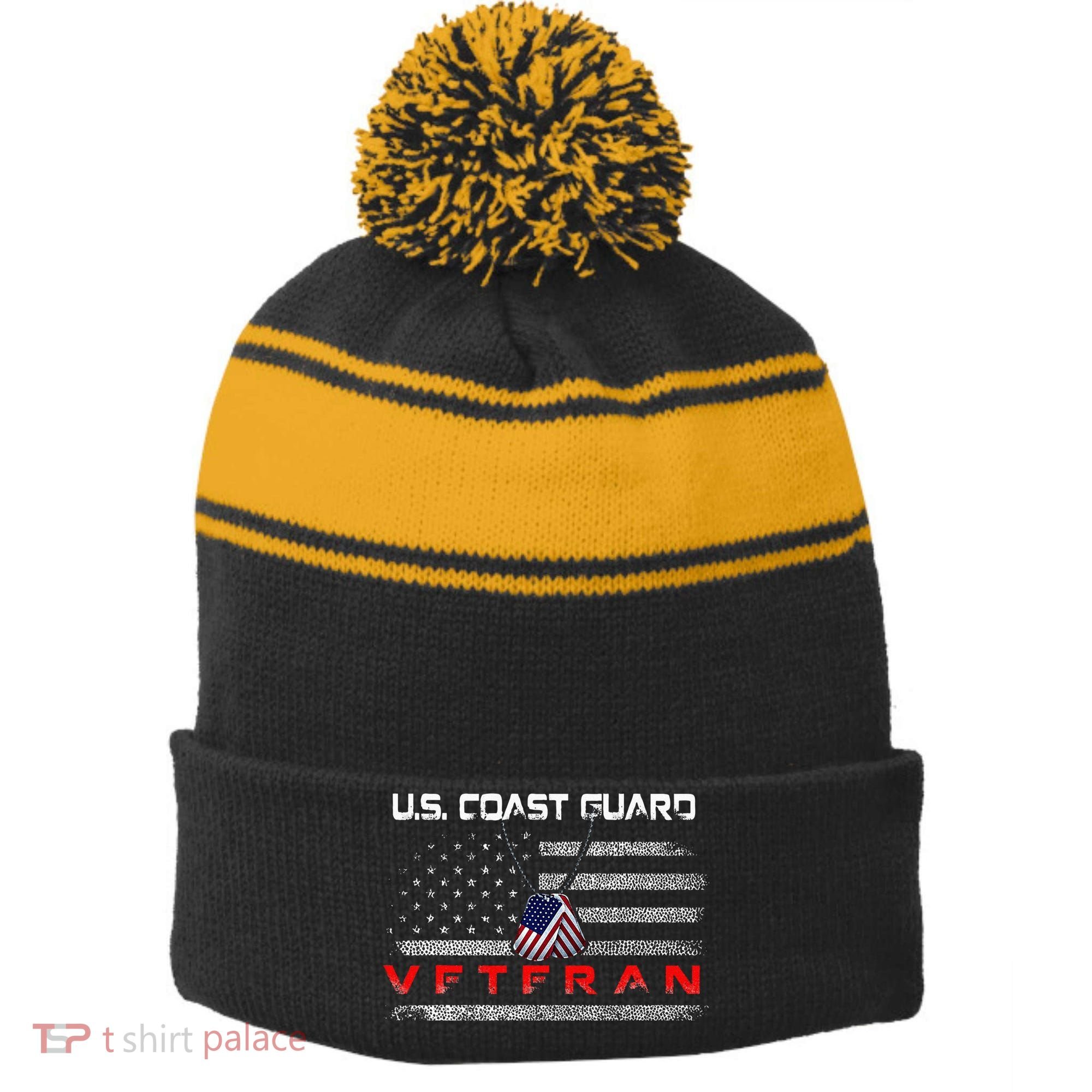 Us Coast Guard Veteran Veteran Flag Stripe Pom Pom Beanie
