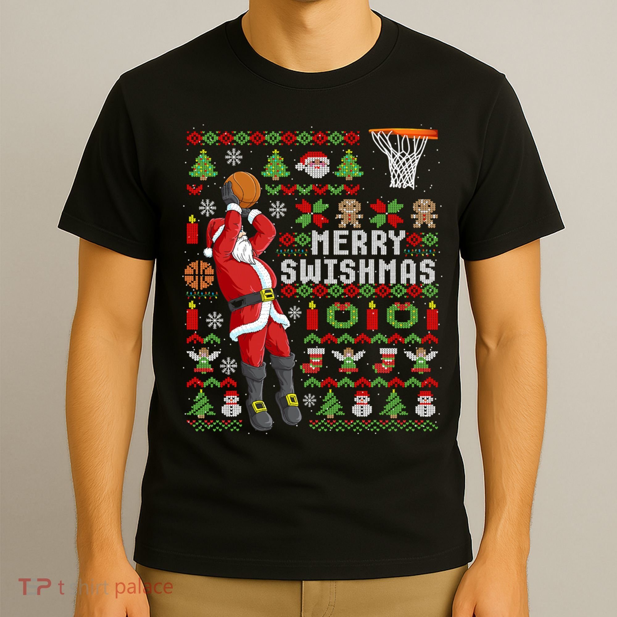 Ugly Christmas Merry Swishmas Basketball Gift T-Shirt