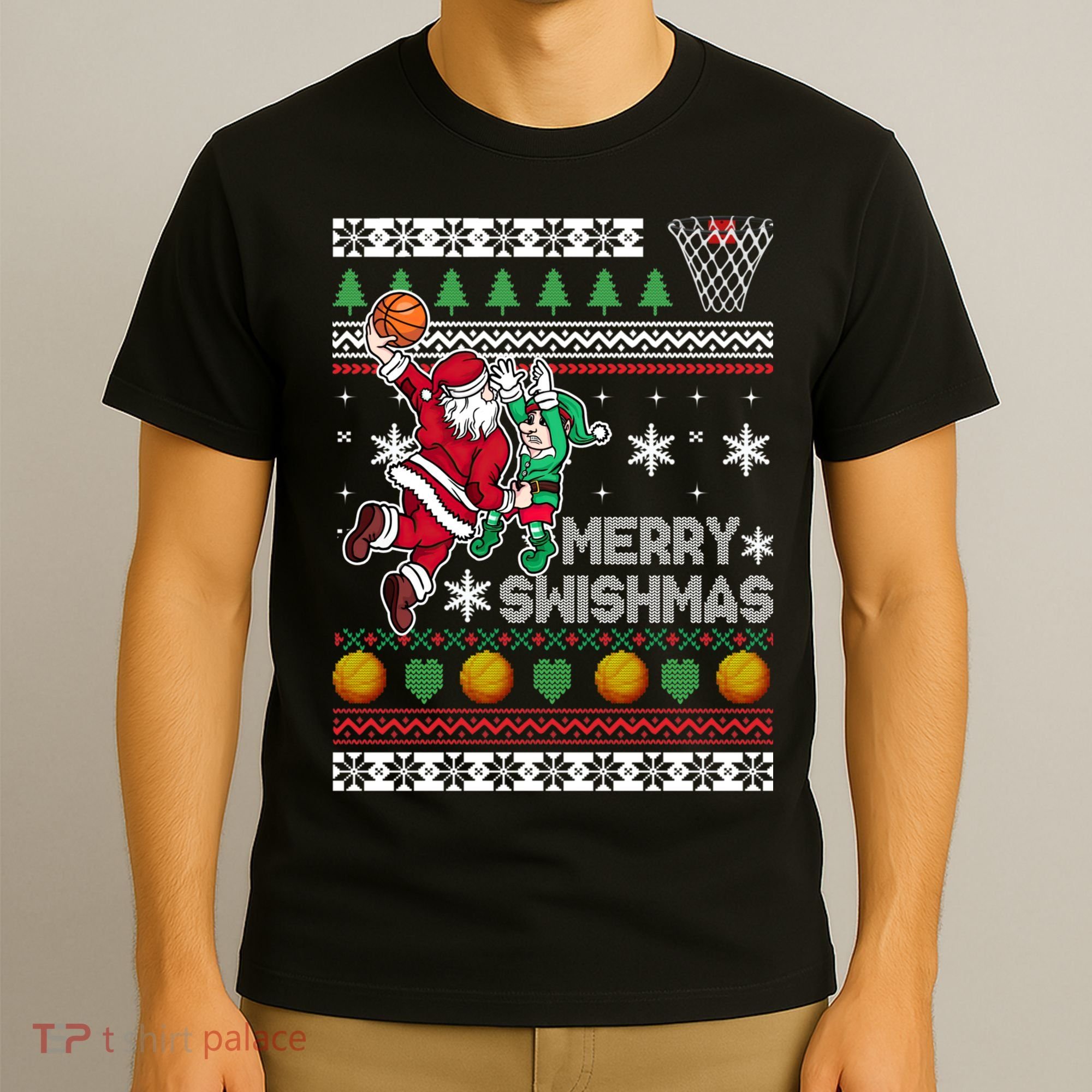 Ugly Christmas Merry Swishmas Basketball Gift T-Shirt