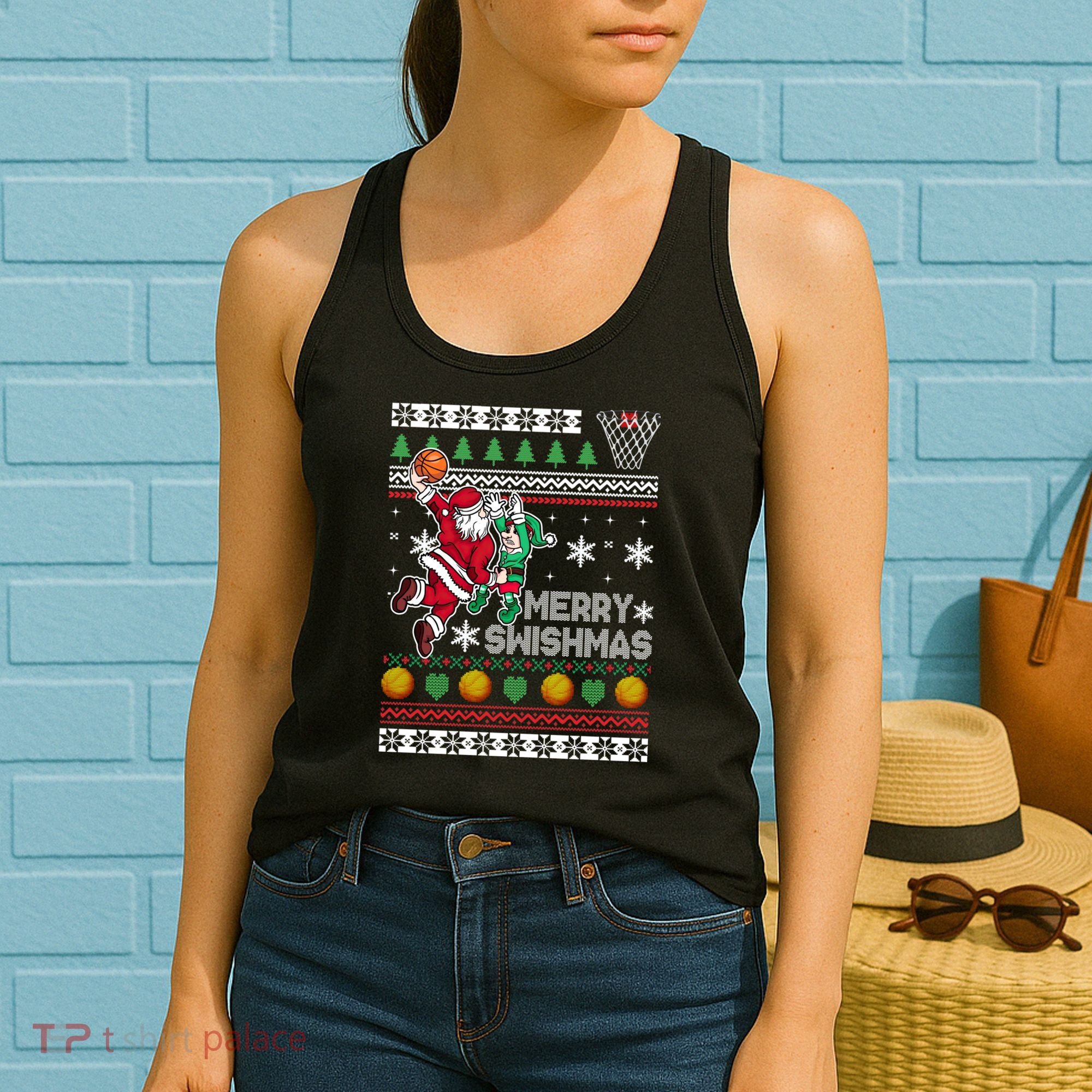 Ugly Christmas Merry Swishmas Basketball Gift Women's Tank Top