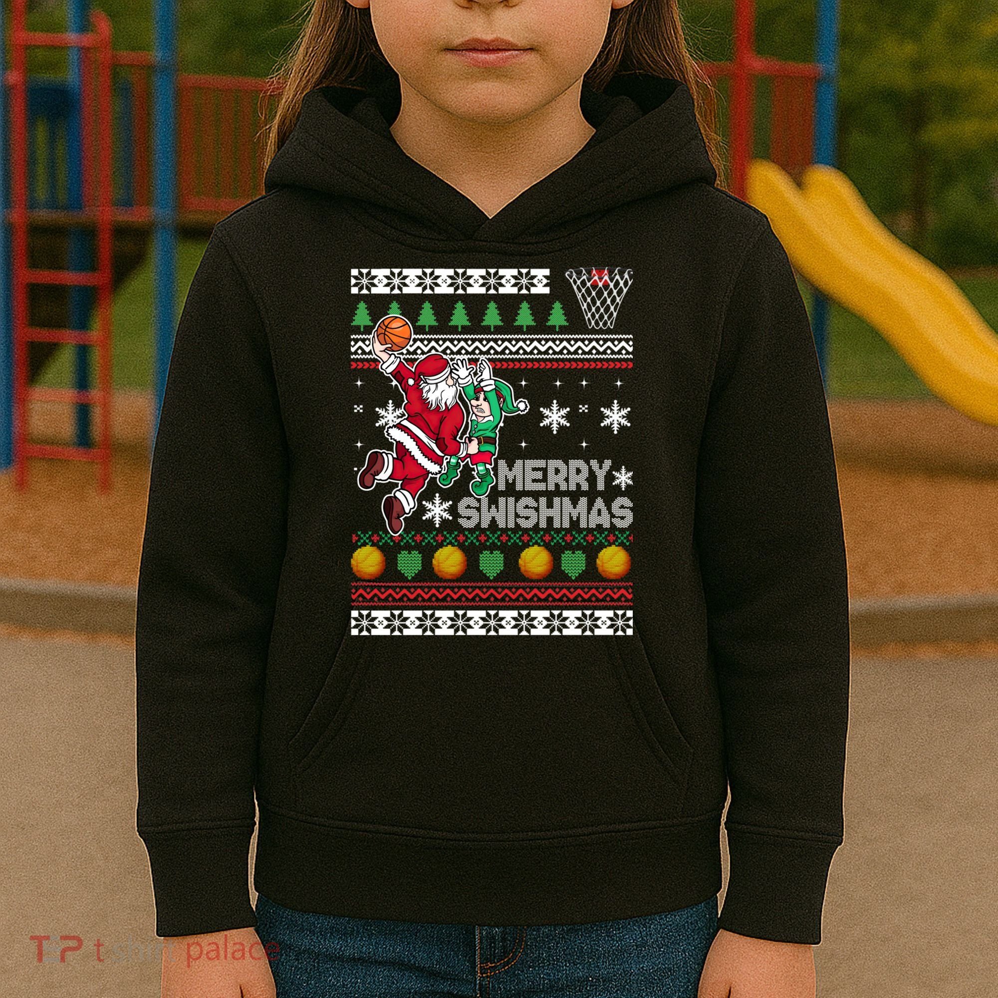 Ugly Christmas Merry Swishmas Basketball Gift Kids Hoodie