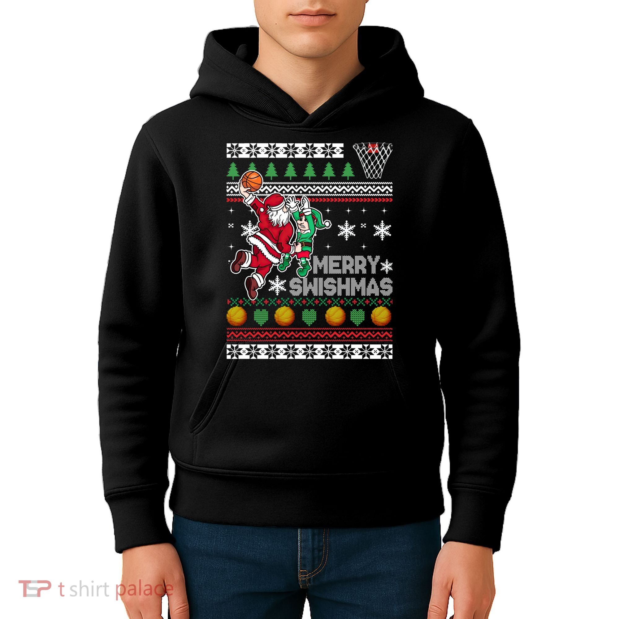 Ugly Christmas Merry Swishmas Basketball Gift Kids Hoodie