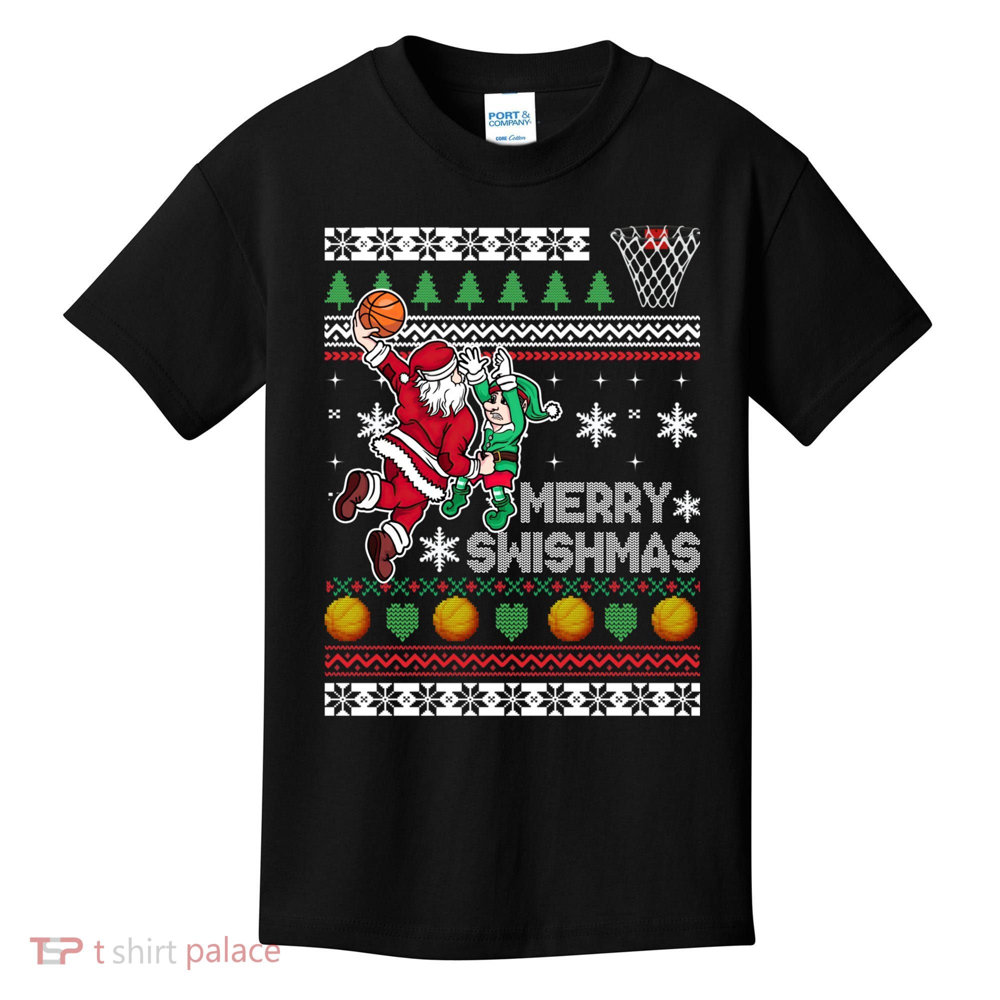 Ugly Christmas Merry Swishmas Basketball Gift Kids T-Shirt