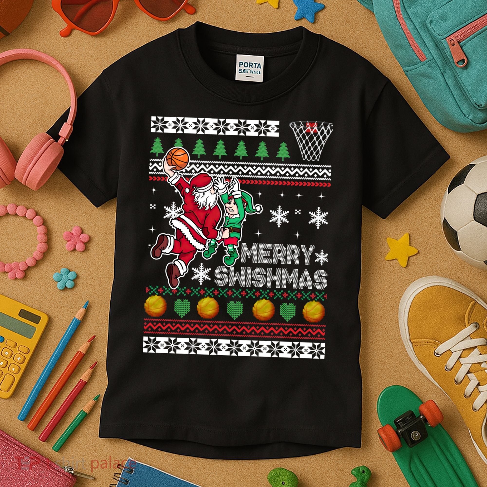 Ugly Christmas Merry Swishmas Basketball Gift Kids T-Shirt