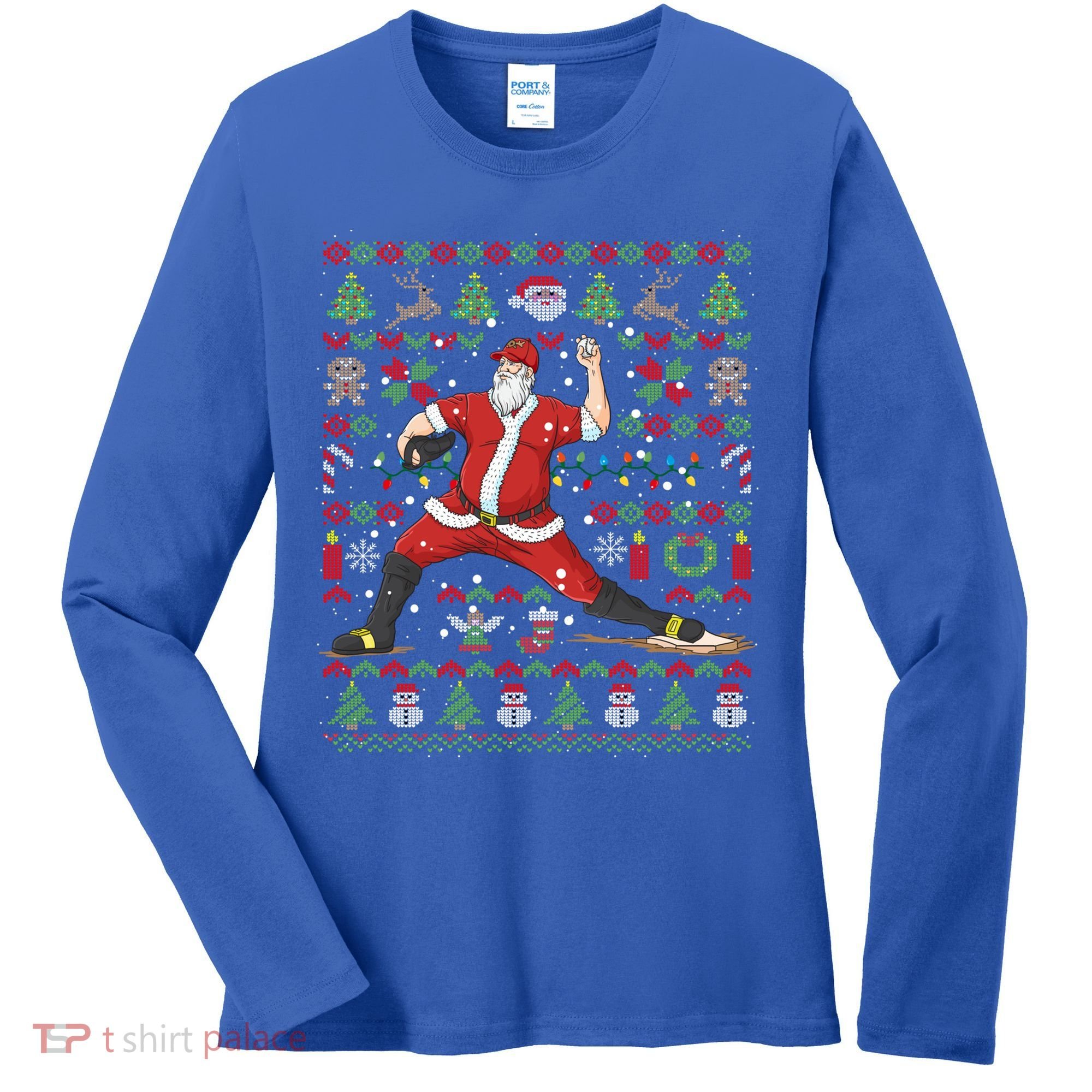 Ugly Christmas Pitcher Baseball Santa Claus Great Gift Women's Long Sleeve Shirt