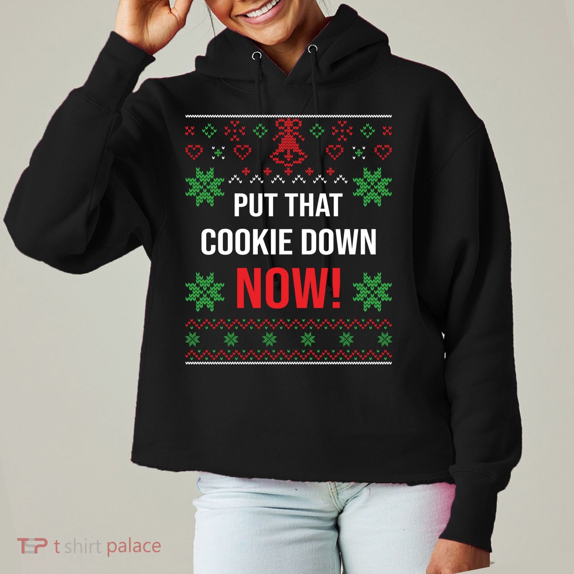 Ugly Christmas Sweater Put That Cookie Down Santa Claus Gift Ladies Heavyweight Boxy Pullover Hoodie