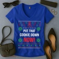 Ugly Christmas Sweater Put That Cookie Down Santa Claus Gift Women's V-Neck T-Shirt thumb 2