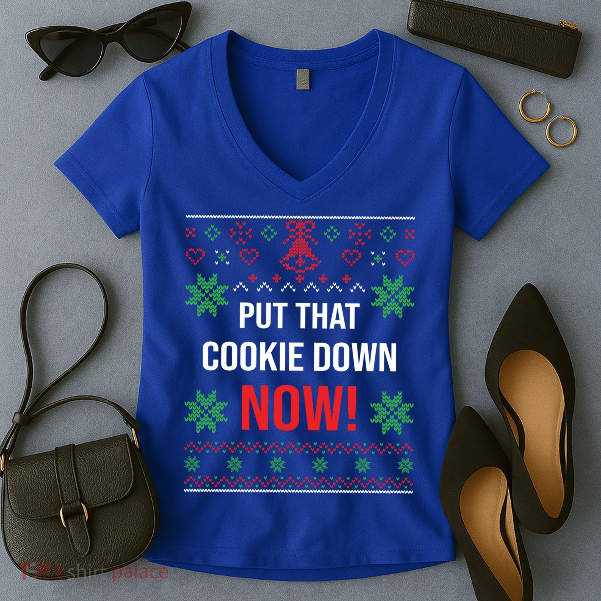 Ugly Christmas Sweater Put That Cookie Down Santa Claus Gift Women's V-Neck T-Shirt