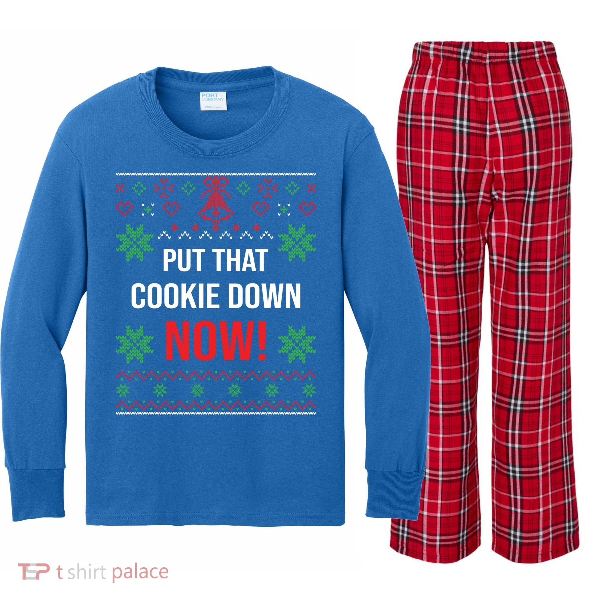 Ugly Christmas Sweater Put That Cookie Down Santa Claus Gift Kids Long Sleeve Plaid Pajama Set