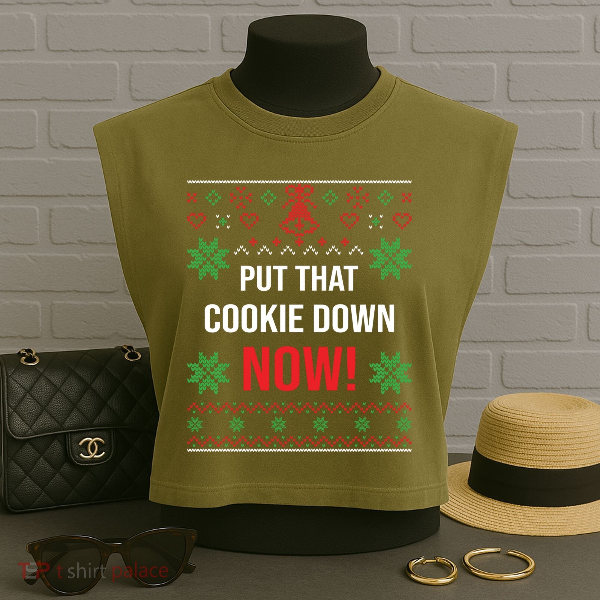 Ugly Christmas Sweater Put That Cookie Down Santa Claus Gift Garment-Dyed Women's Muscle Tee