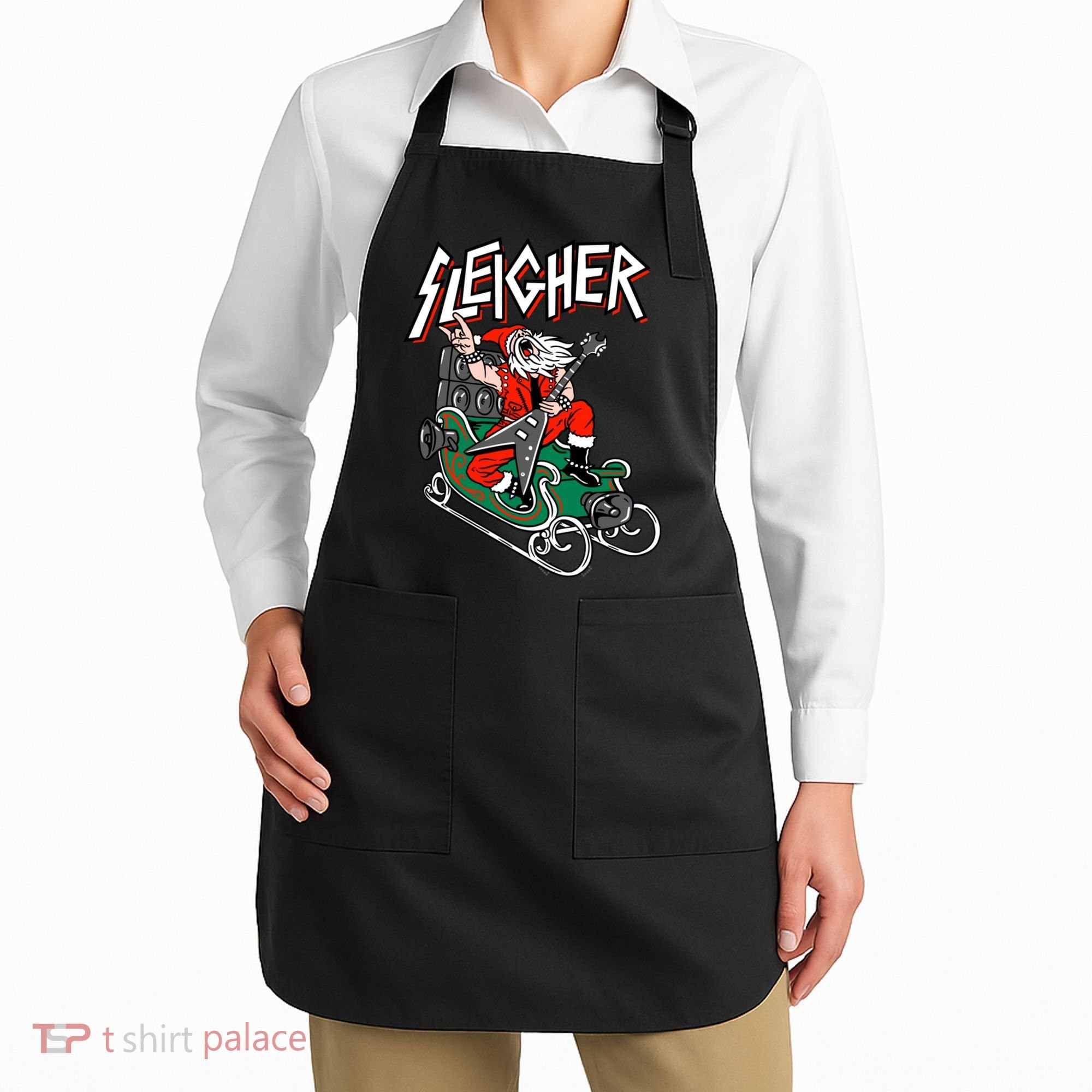 Ugly Christmas Sweater Sleigher Heavy Metal Santa Xmas Apron