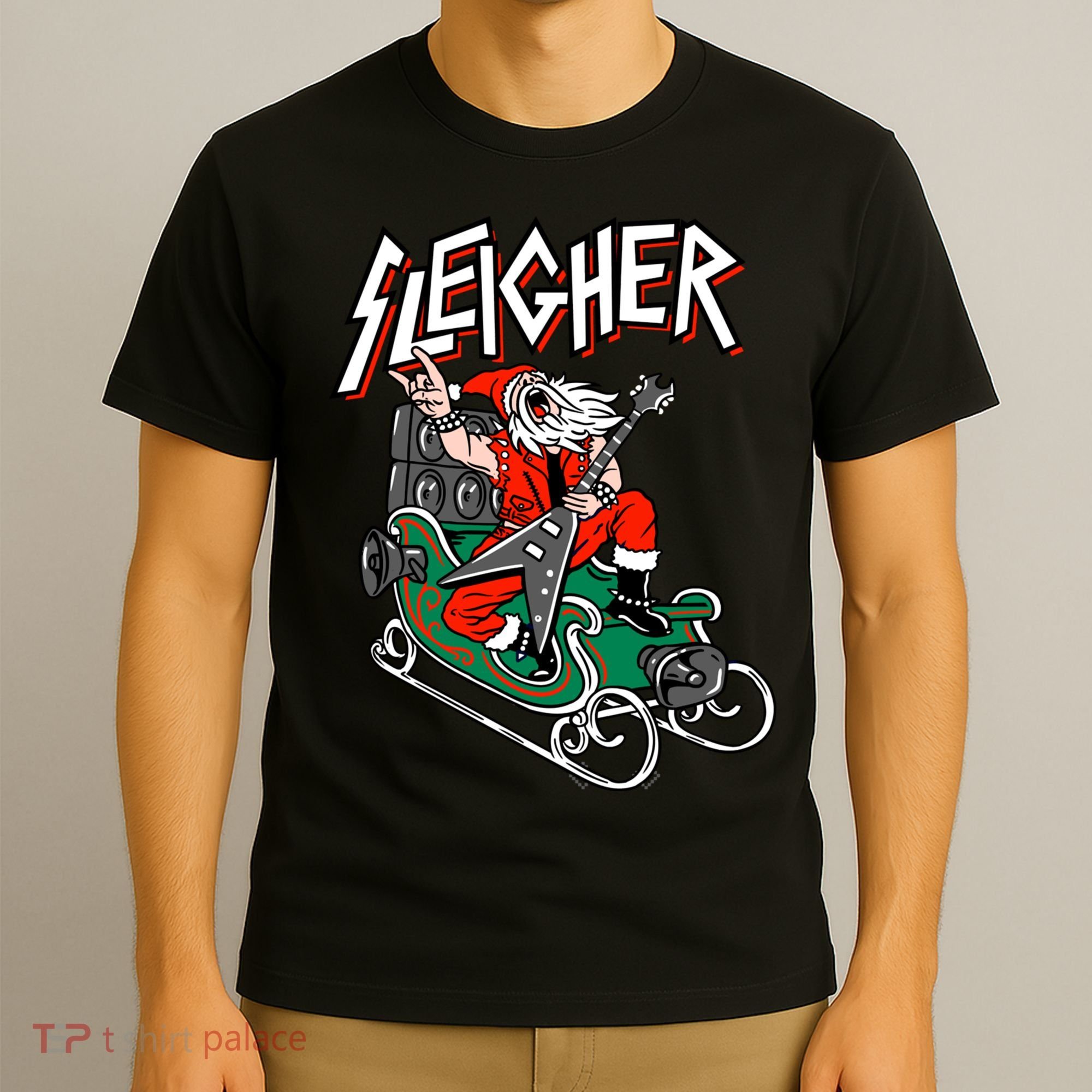 Ugly Christmas Sweater Sleigher Heavy Metal Santa Xmas T-Shirt