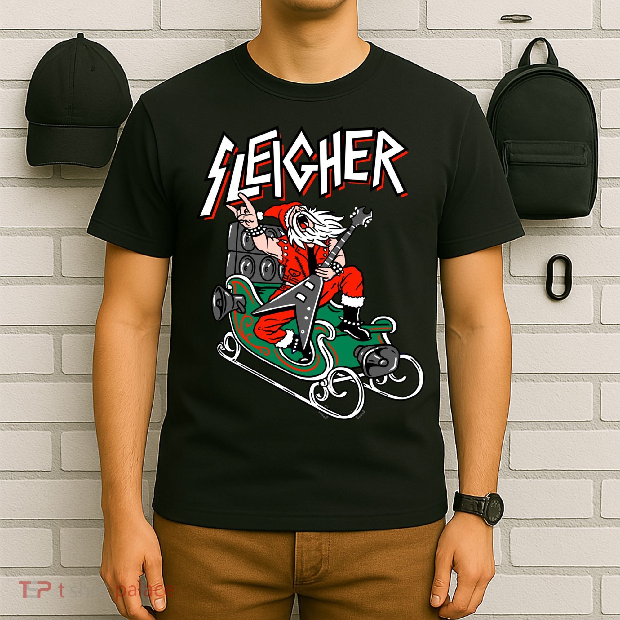 Ugly Christmas Sweater Sleigher Heavy Metal Santa Xmas T-Shirt