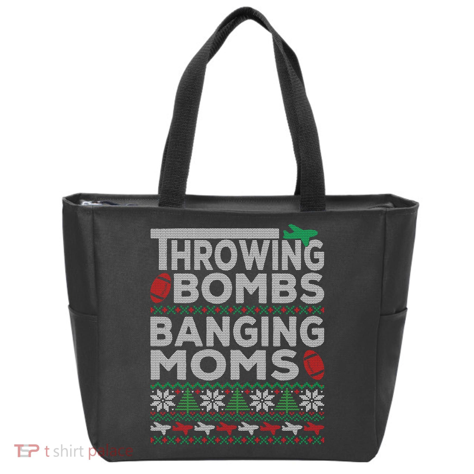 Ugly Christmas Sweater Football Throwing Bombs Banging Moms Tote Bag