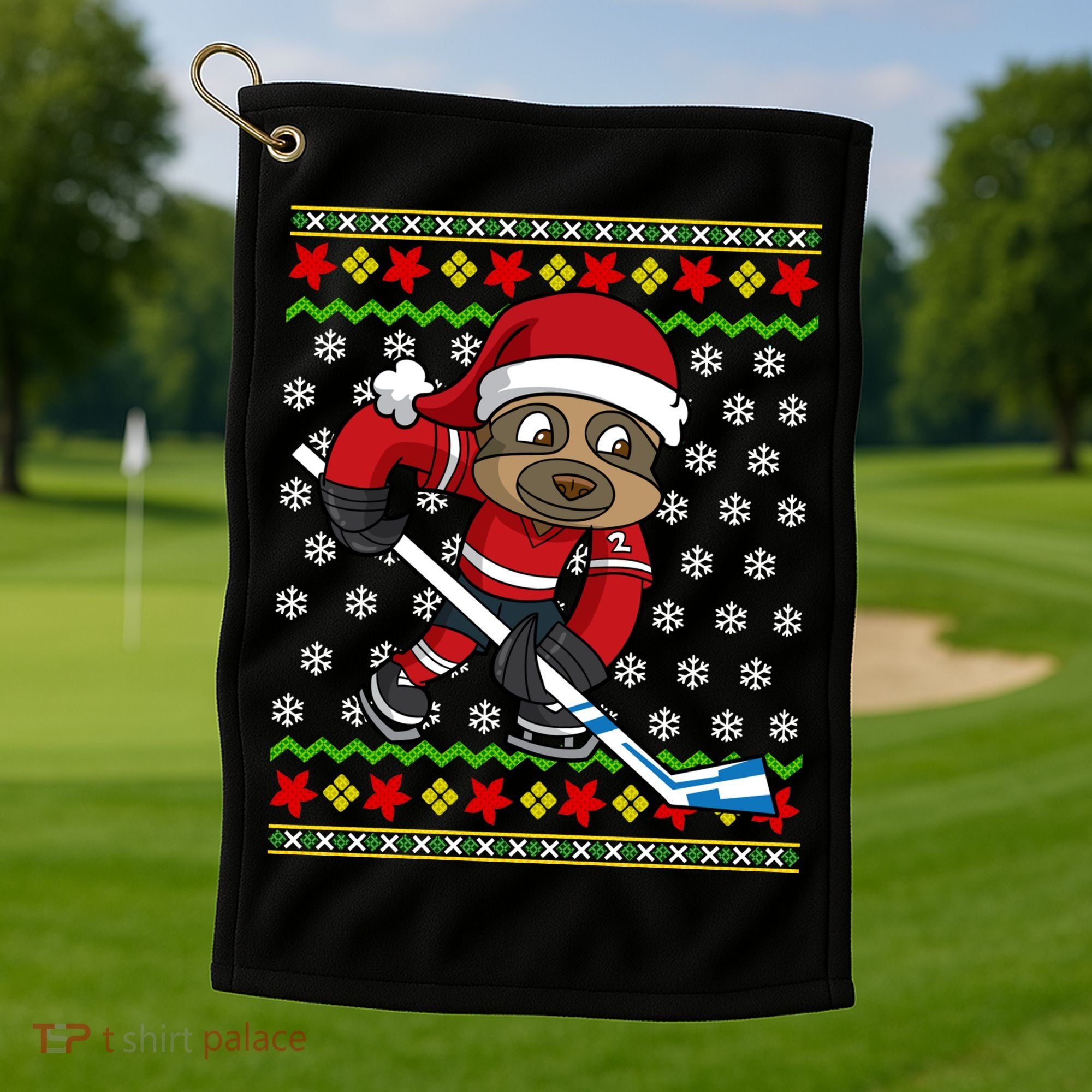 Ugly Christmas Sweater Gift Sloth Hockey Gift Golf Towel