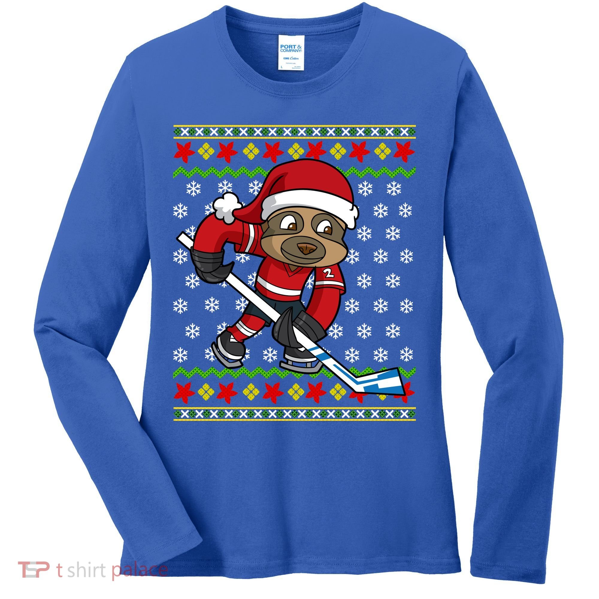 Ugly Christmas Sweater Gift Sloth Hockey Gift Women's Long Sleeve Shirt