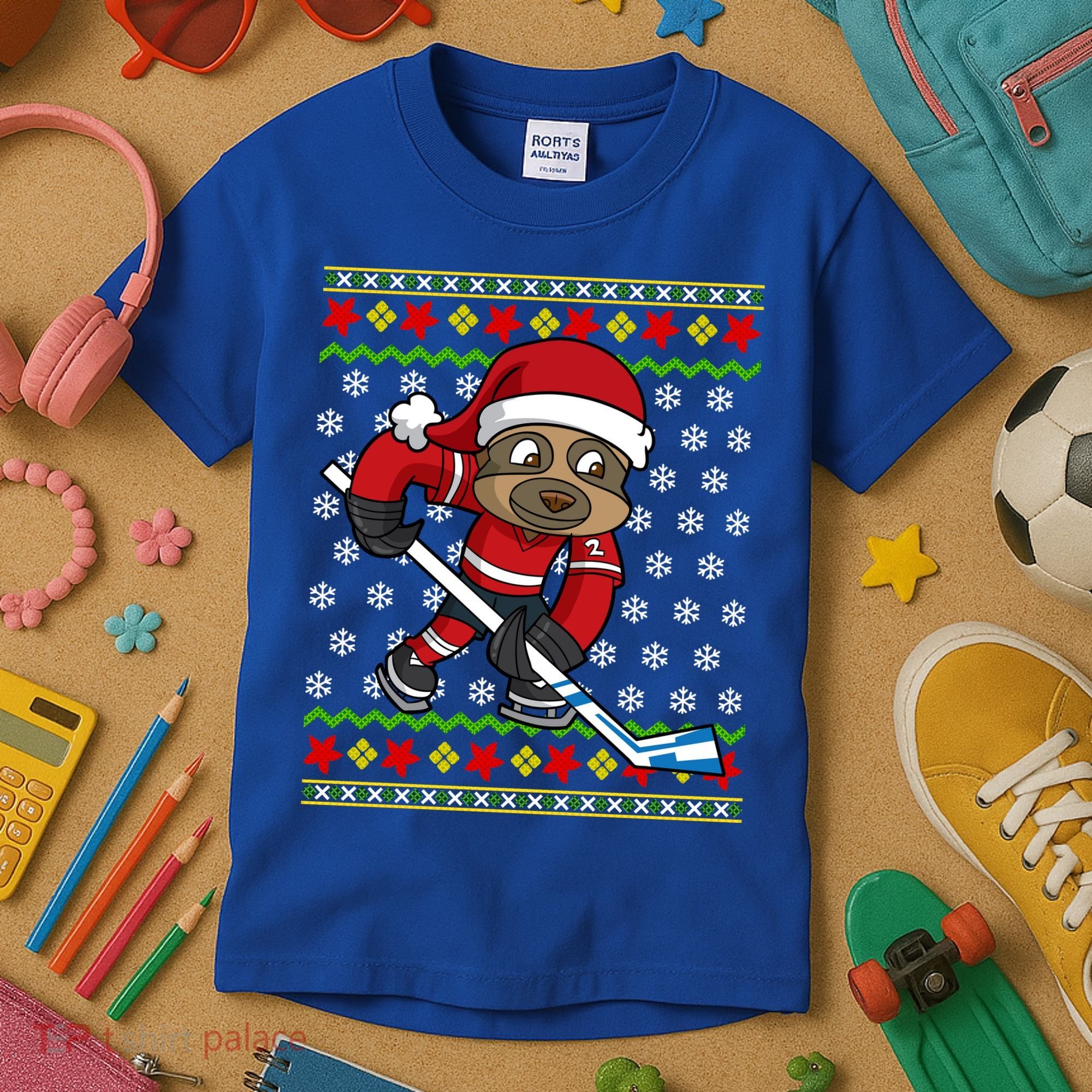 Ugly Christmas Sweater Gift Sloth Hockey Gift Kids T-Shirt