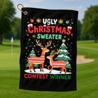 Ugly Christmas Sweater Reindeer Contest Winner Holiday Golf Towel thumb 1