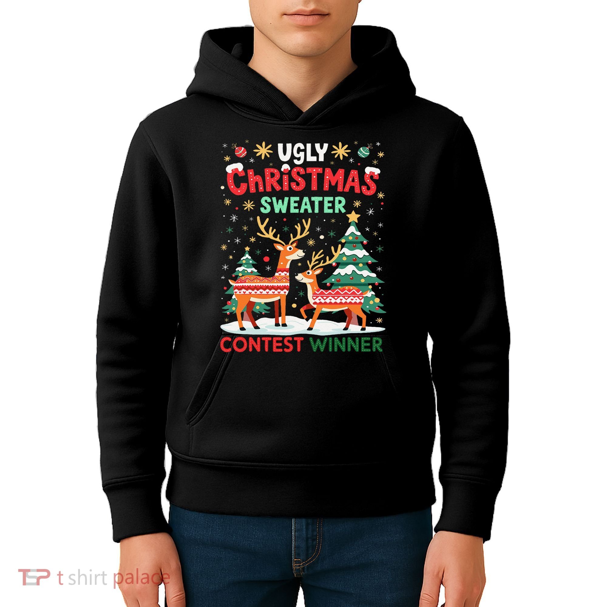 Ugly Christmas Sweater Reindeer Contest Winner Holiday Kids Hoodie