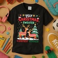 Ugly Christmas Sweater Reindeer Contest Winner Holiday Kids T-Shirt thumb 3