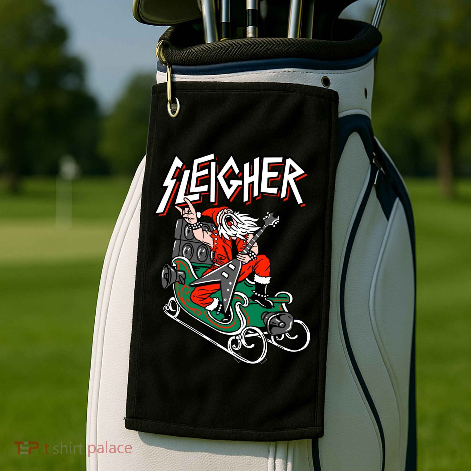 Ugly Christmas Sweater Sleigher Heavy Metal Santa Xmas Gift Golf Towel