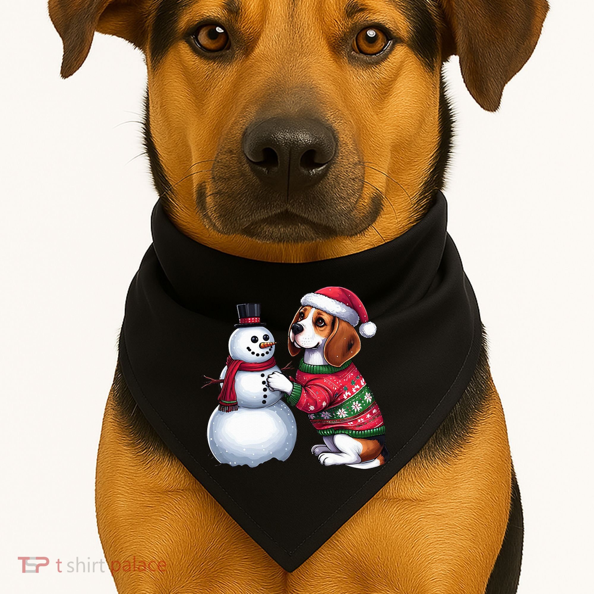Ugly Christmas Sweater Beagle beside a Snowman  USA-Made Doggie Bandana