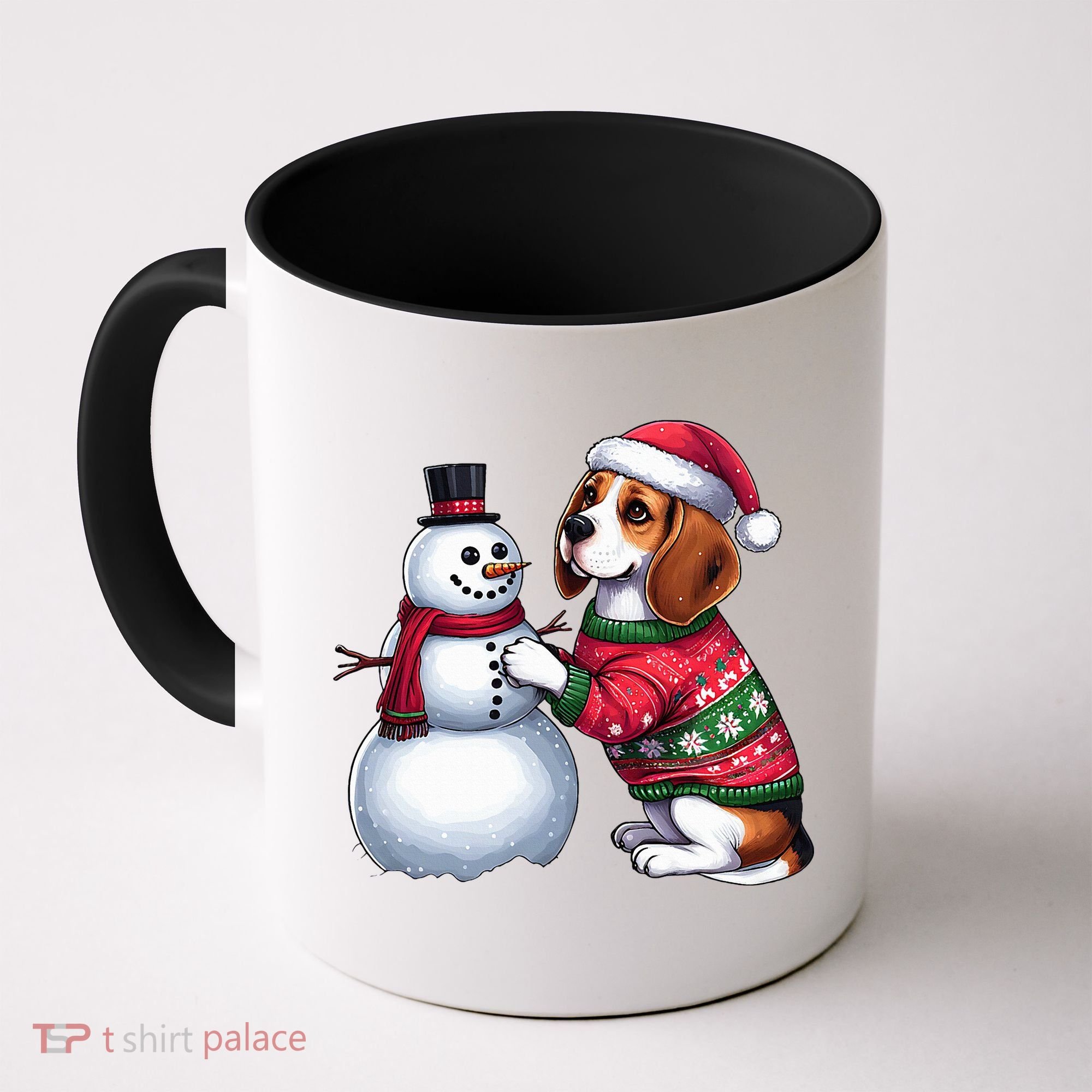 Ugly Christmas Sweater Beagle beside a Snowman  Coffee Mug