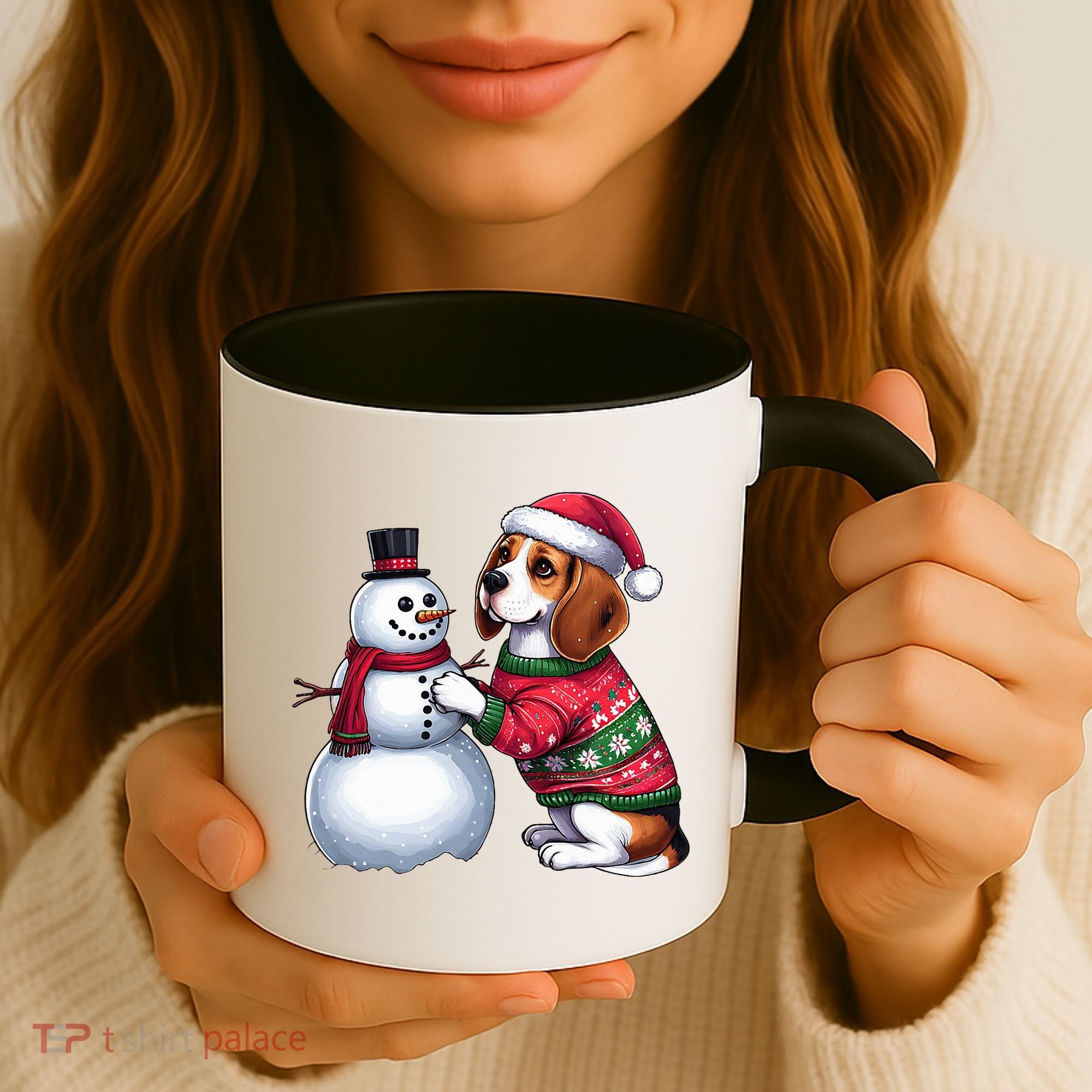 Ugly Christmas Sweater Beagle beside a Snowman  Coffee Mug