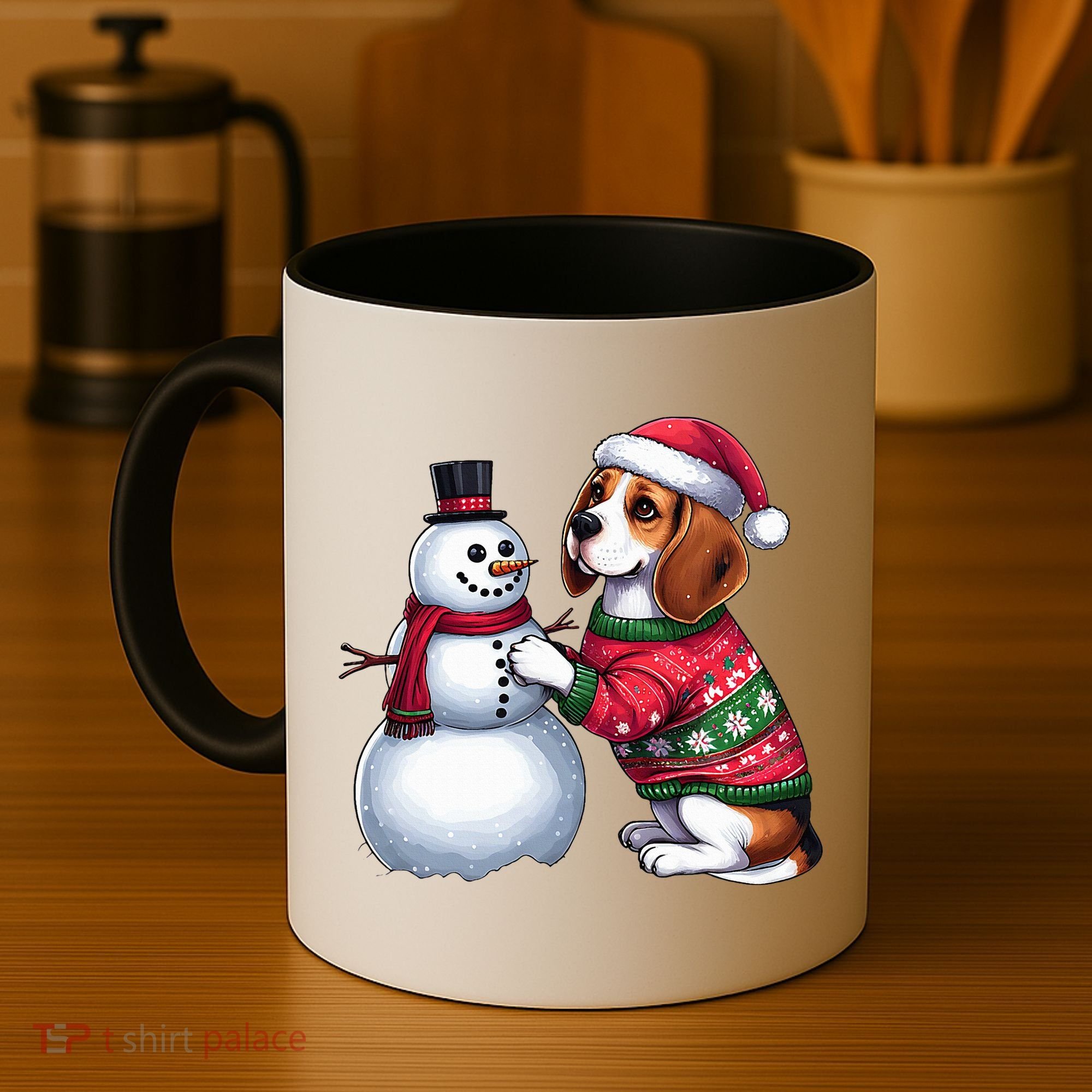 Ugly Christmas Sweater Beagle beside a Snowman  Coffee Mug