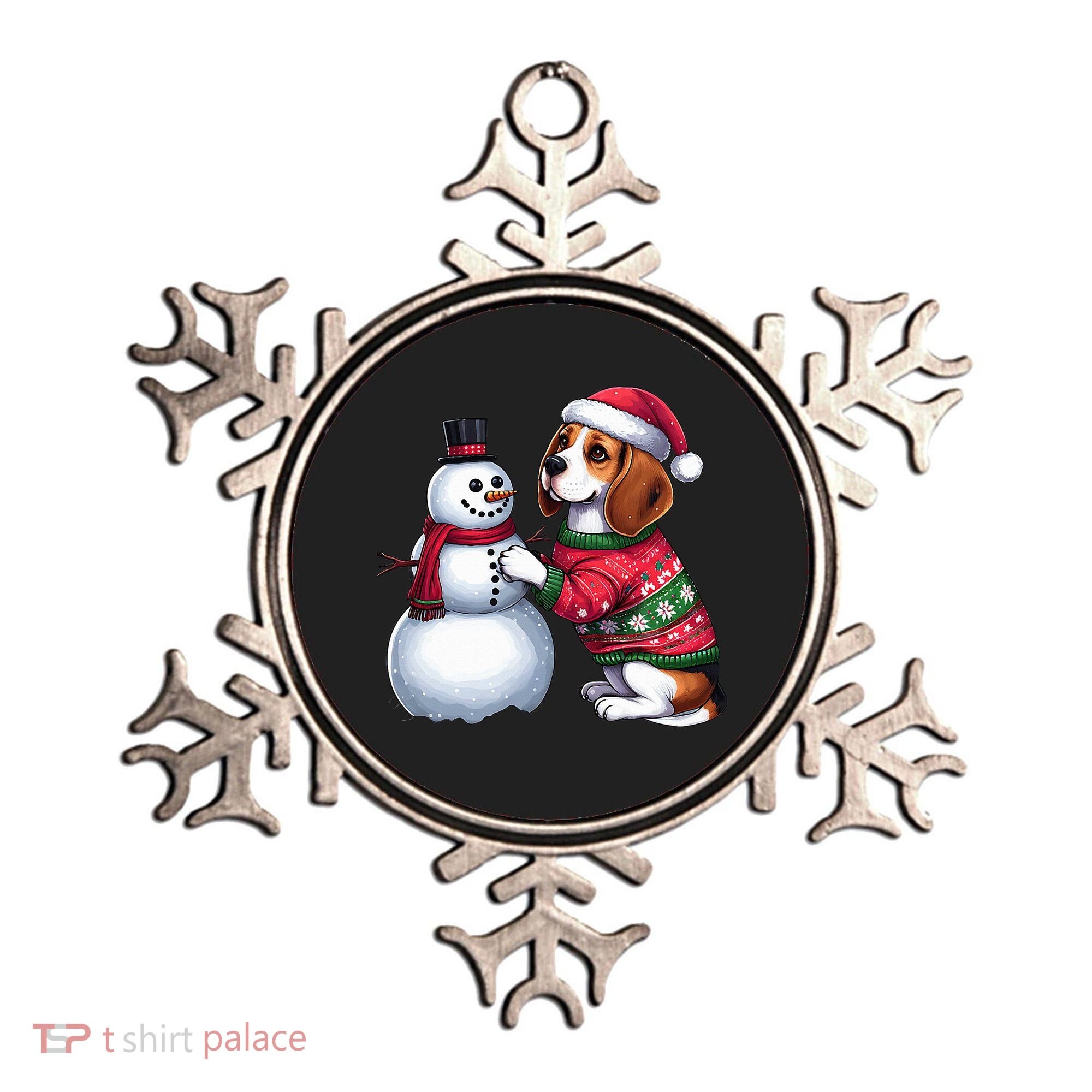 Ugly Christmas Sweater Beagle beside a Snowman  Ornament