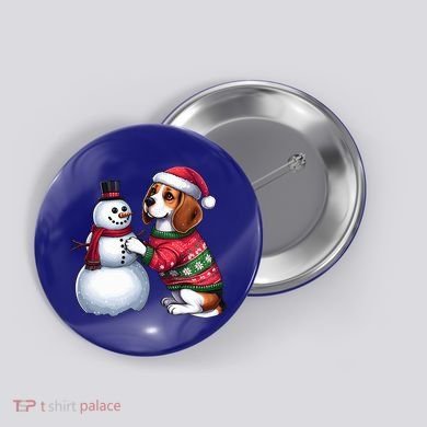Ugly Christmas Sweater Beagle beside a Snowman  Button