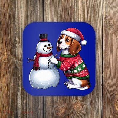 Ugly Christmas Sweater Beagle beside a Snowman  Coaster