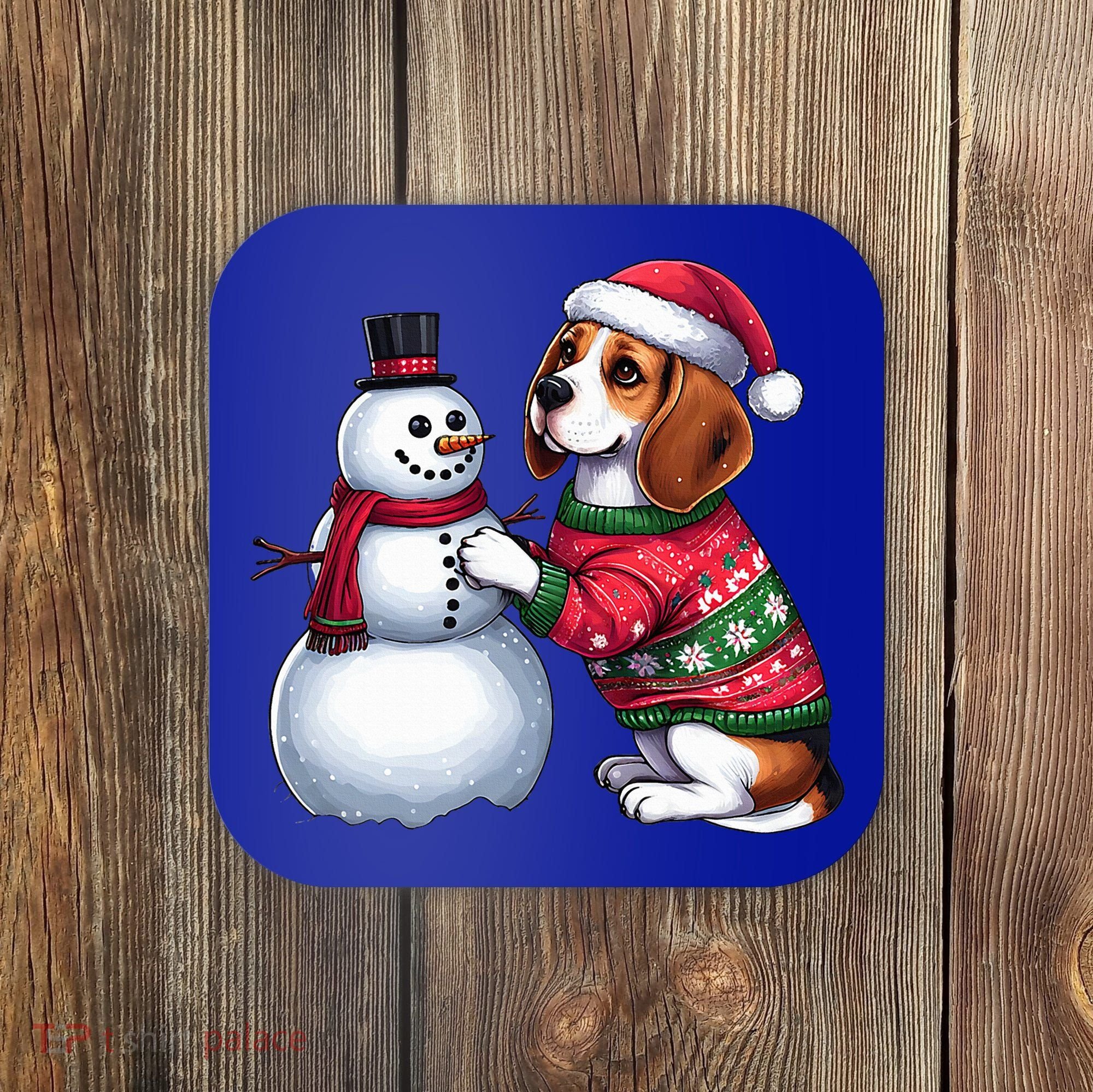Ugly Christmas Sweater Beagle beside a Snowman  Coaster